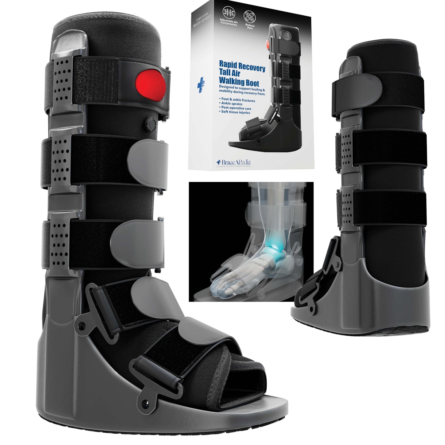 Braceapedia Tall Air Compression Walking Boot Foot Brace - Side Pump Pneumatic Brace for Ankle Support & Foot Injuries - 360 Rocker Sole Cam Walker for Stress Fractures, Black, L
