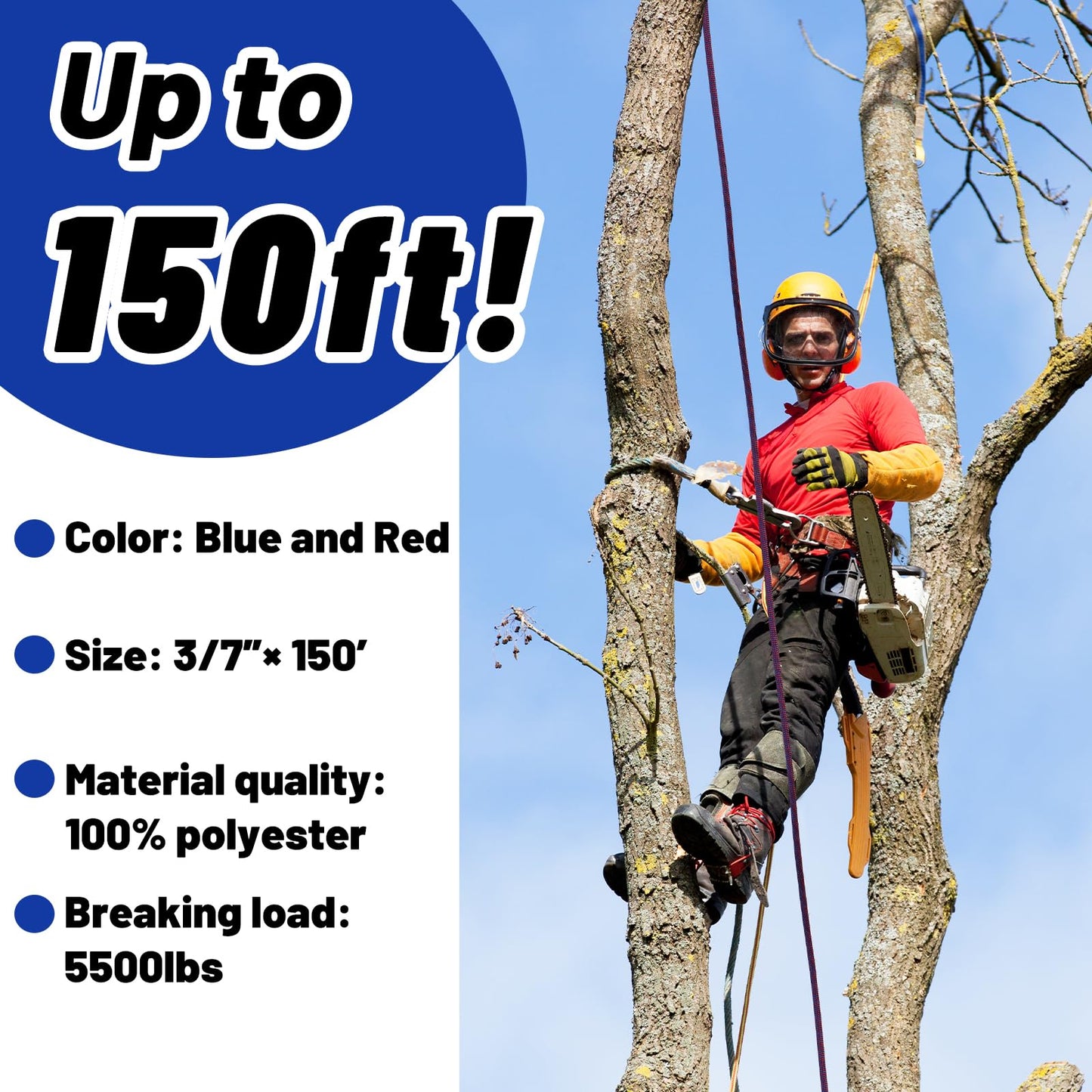 3/7 Inch x 150 FT Arborist Rope - Heavy-Duty Weather-Resistant Polyester, Ideal for Tree Climbing & Boat Mooring (3/7x150ft)