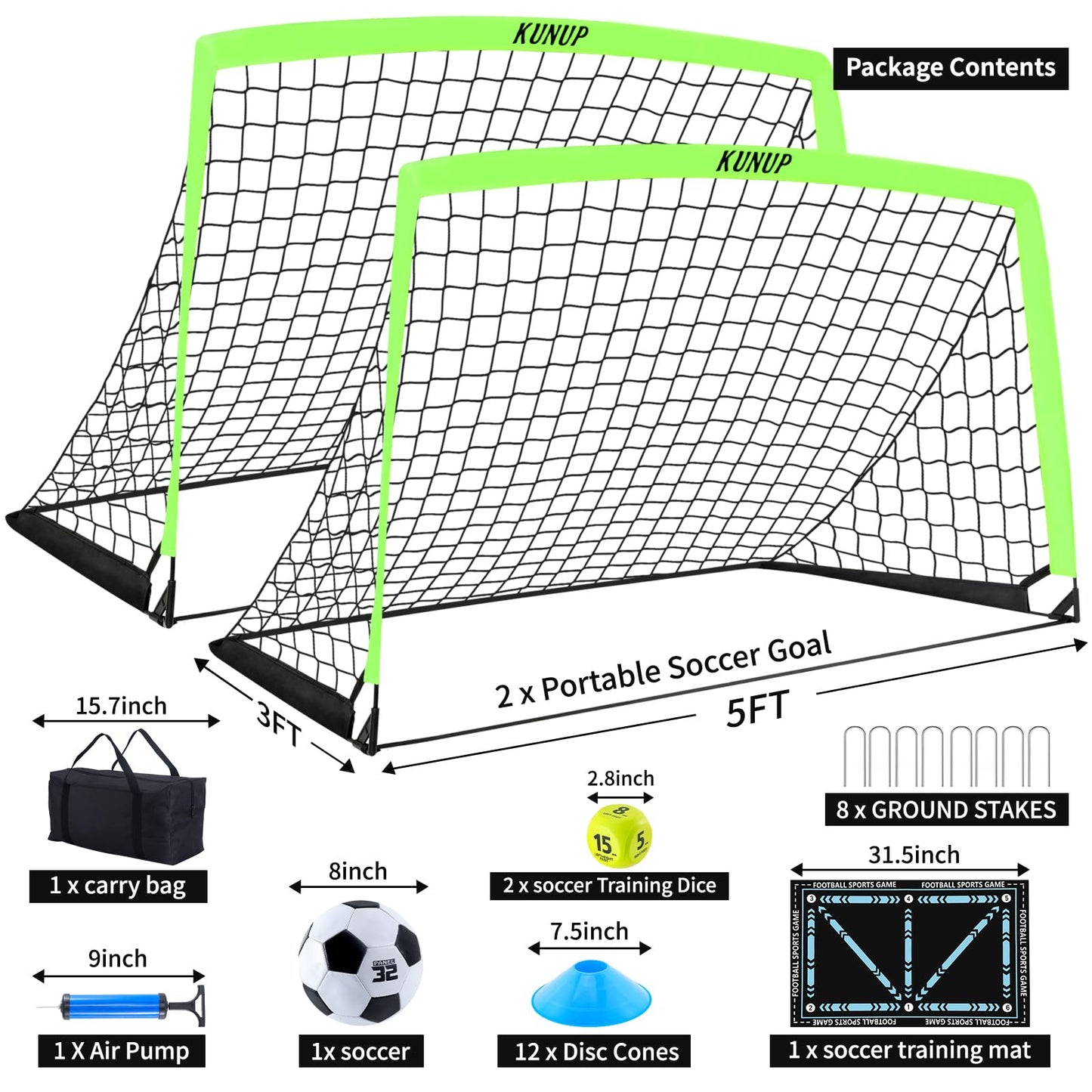 2 Set Kids Soccer Goals for Backyard with Training Equipment, 5×3 Portable Foldable Practice Nets with Ball, Dice & Mat, Cones, Air Pump and Carry Bag for Toddler Youth Outdoor Sports Game