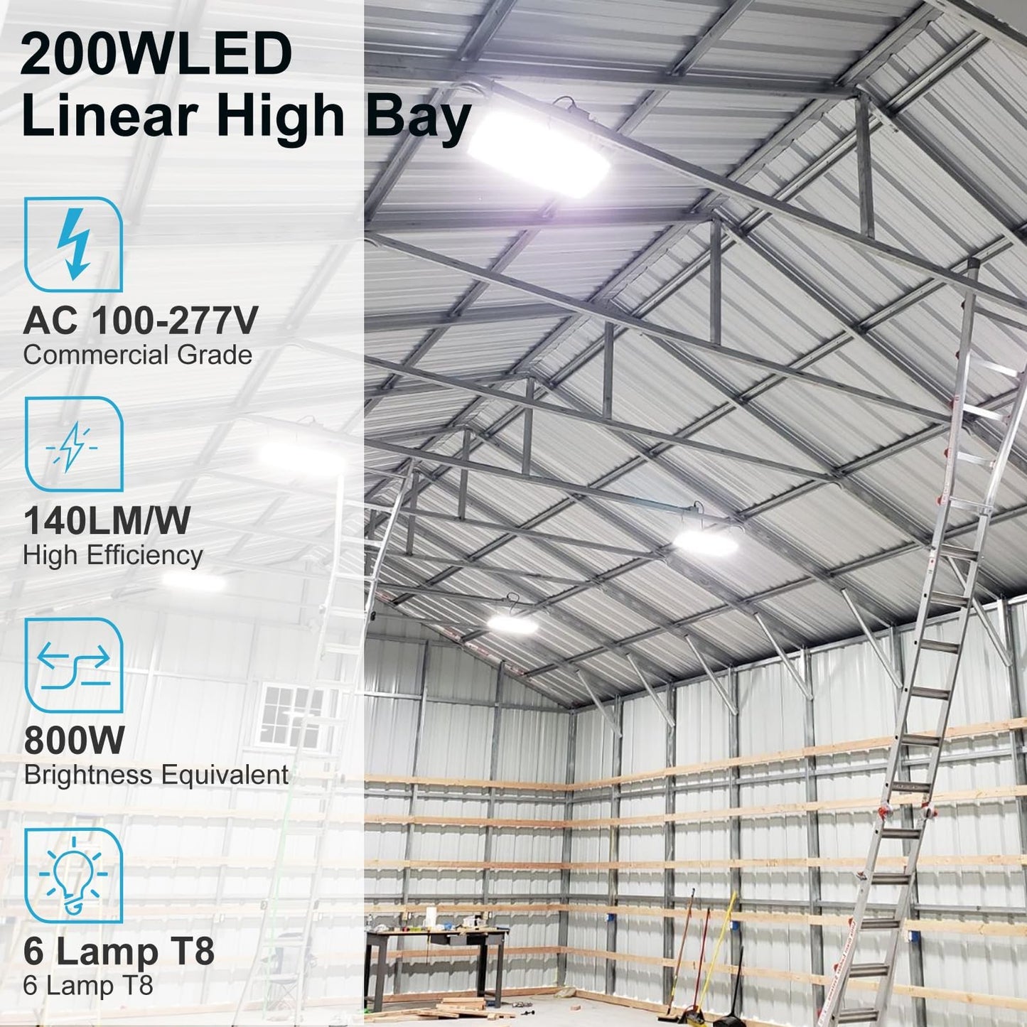 Lightdot LED Linear High Bay Shop Light, V-Wing Design with US Plug, 2FT 200W 100-277V [Eqv.800W] 5000K, 15-25ft Flush/Suspended Mount, 2000 sq.ft Cover for Garages, Warehouses, UL Complied -8Pack