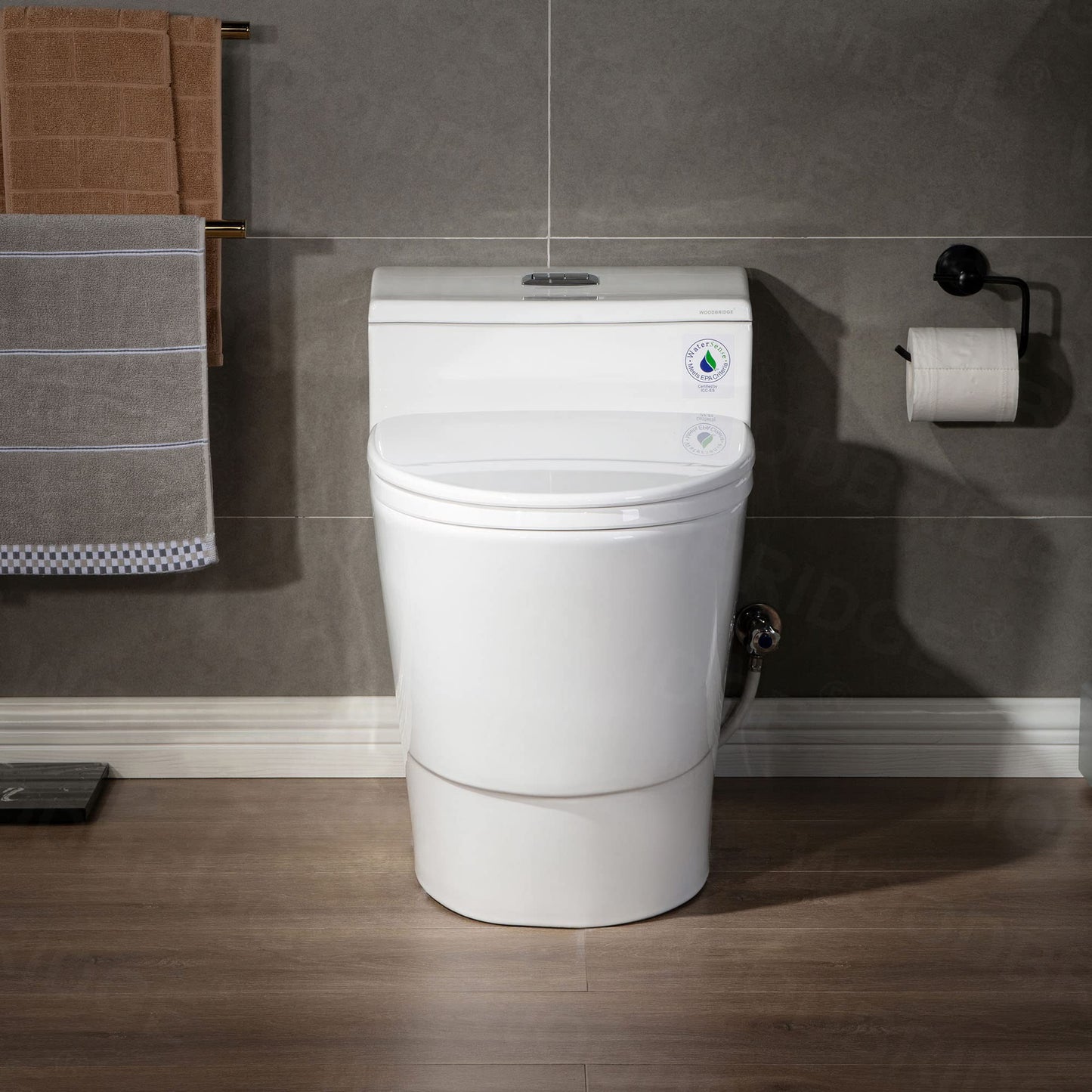 Woodbridgebath T-018 Dual Flush Elongated One Piece Toilet with Soft Closing Seat, Comfort Height, Water Sense