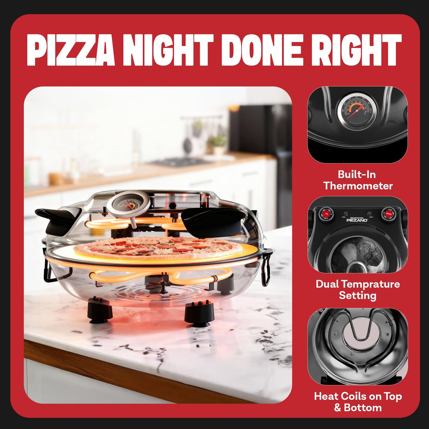 PIEZANO XL 14 Inch Electric Indoor Pizza Oven Heats up to 800˚F - Pizza Maker with Stone for Crispy Crust Pizza, Cooks in Under 6 Minutes, Countertop, Dual Heat Control, Peels & Scraper Included