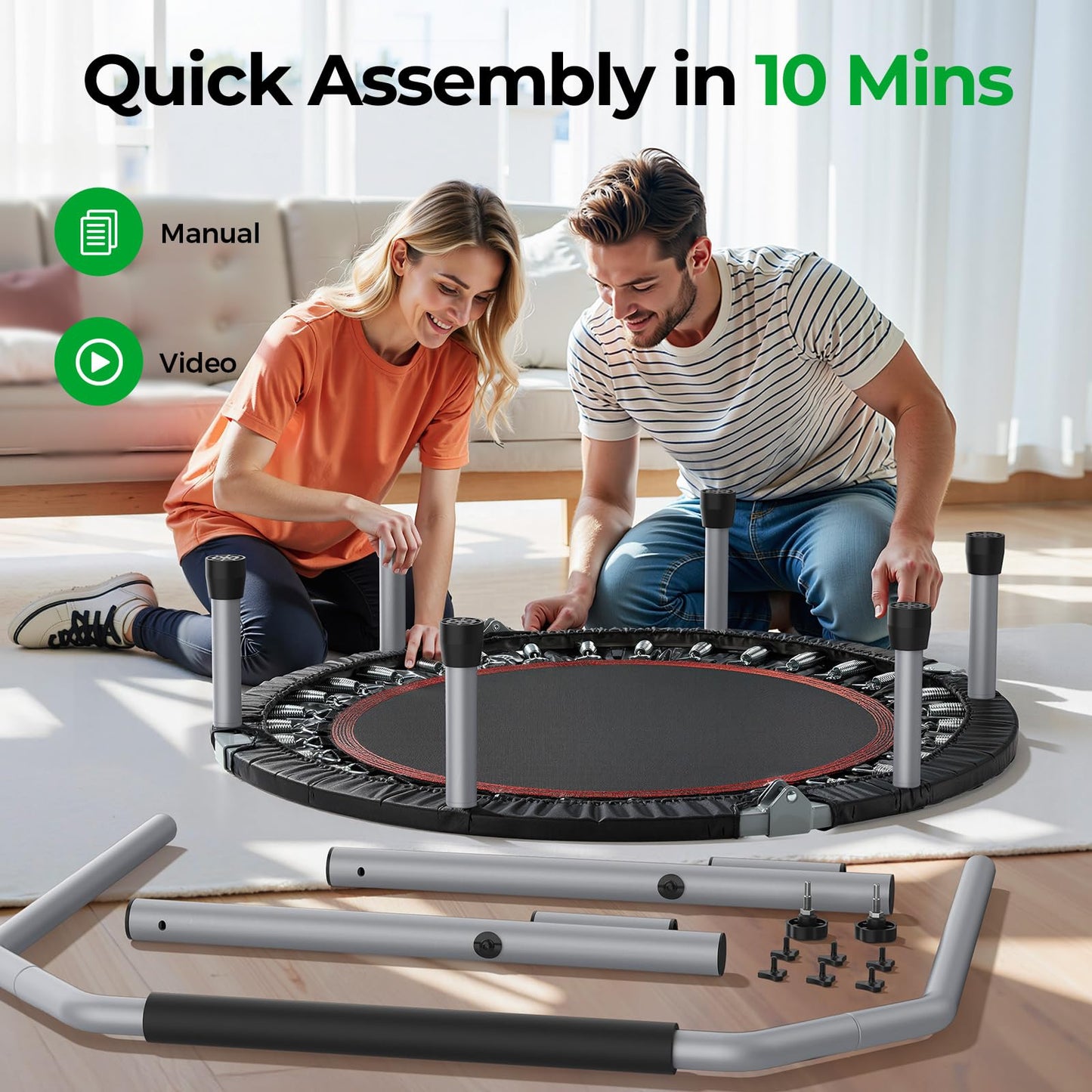 BCAN 40/48" Foldable Mini Trampoline Max Load 330lbs/440lbs, Fitness Rebounder with Adjustable Foam Handle, Exercise Trampoline for Adults Indoor/Garden Workout, Black