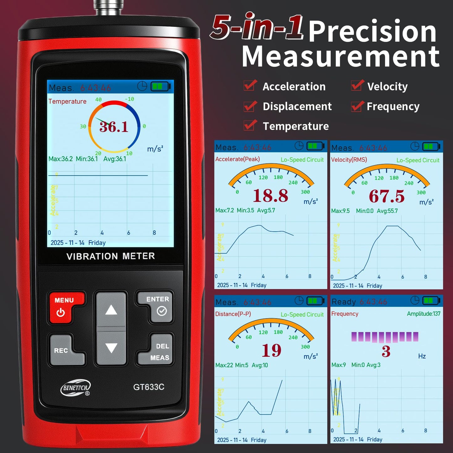 CHENNTAI Portable Digital Vibration Meter, with TFT Smart Screen 397000 Data Storage for Accurate Measurement of Acceleration Velocity Displacement Frequency Temperature