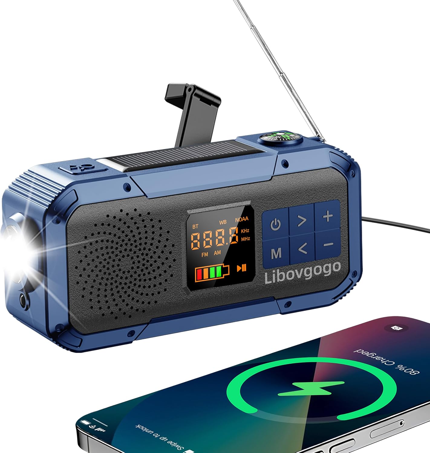 libovgogo IPX5 Alarm,2000mAh Emergency Weather Radio with Waterproof Portable Bluetooth Speaker,USB-C Solar Hand