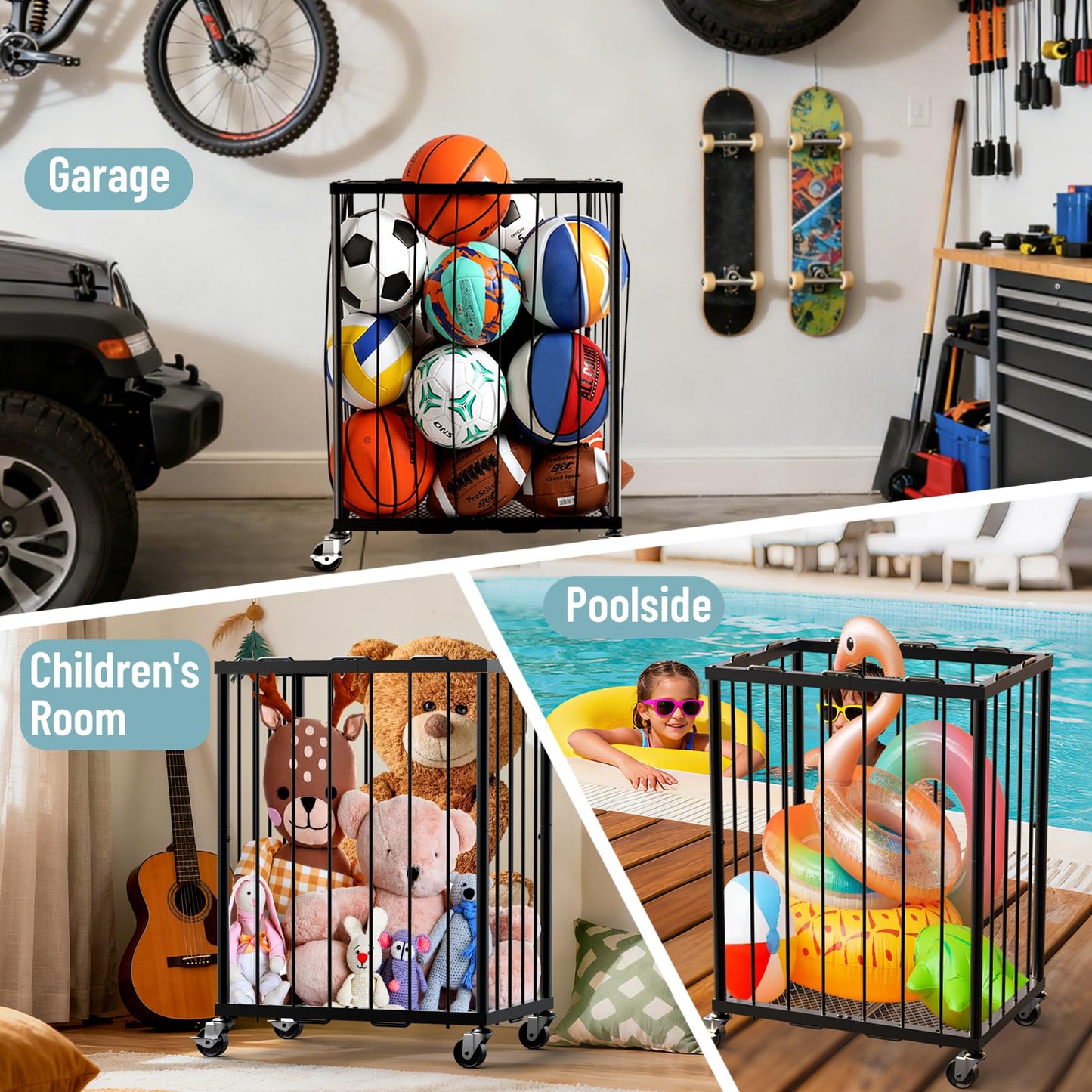 TomCare Garage Ball Rolling Storage Rack Large Capacity Basketball Holder with Elastic Rope [Hold 12-15 Balls][Easy to Take] Garage Sports Equipment Organizer cart with Wheels for Home, Outdoor Use