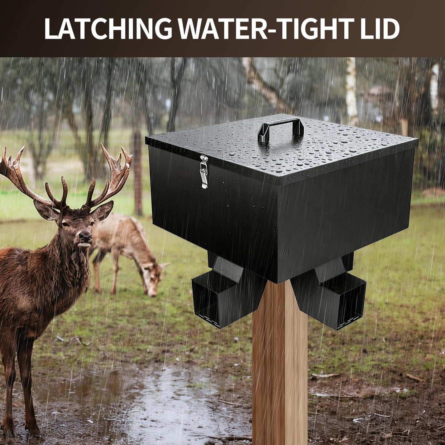 RYFT Portable 80LB Gravity Deer Feeder, Heavy Duty Galvanized Steel Wildlife Feeder with 4 Feeding Ports, Weatherproof Lockable Lid for Hunting, Backyard & Outdoor Game