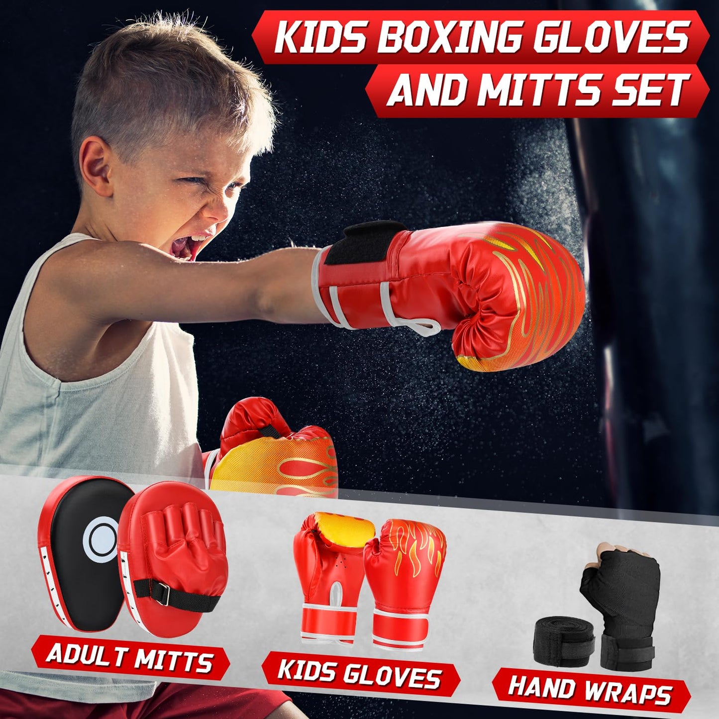 3-in-1 Boxing Gloves and Punching Mitts Set for Kids Youth, Kids Boxing Gloves Curved Punching Pads with Hand Wraps, Focus Mitts Boxing Equipment Set for Boxing Training MMA Karate Muay Thai Taekwondo