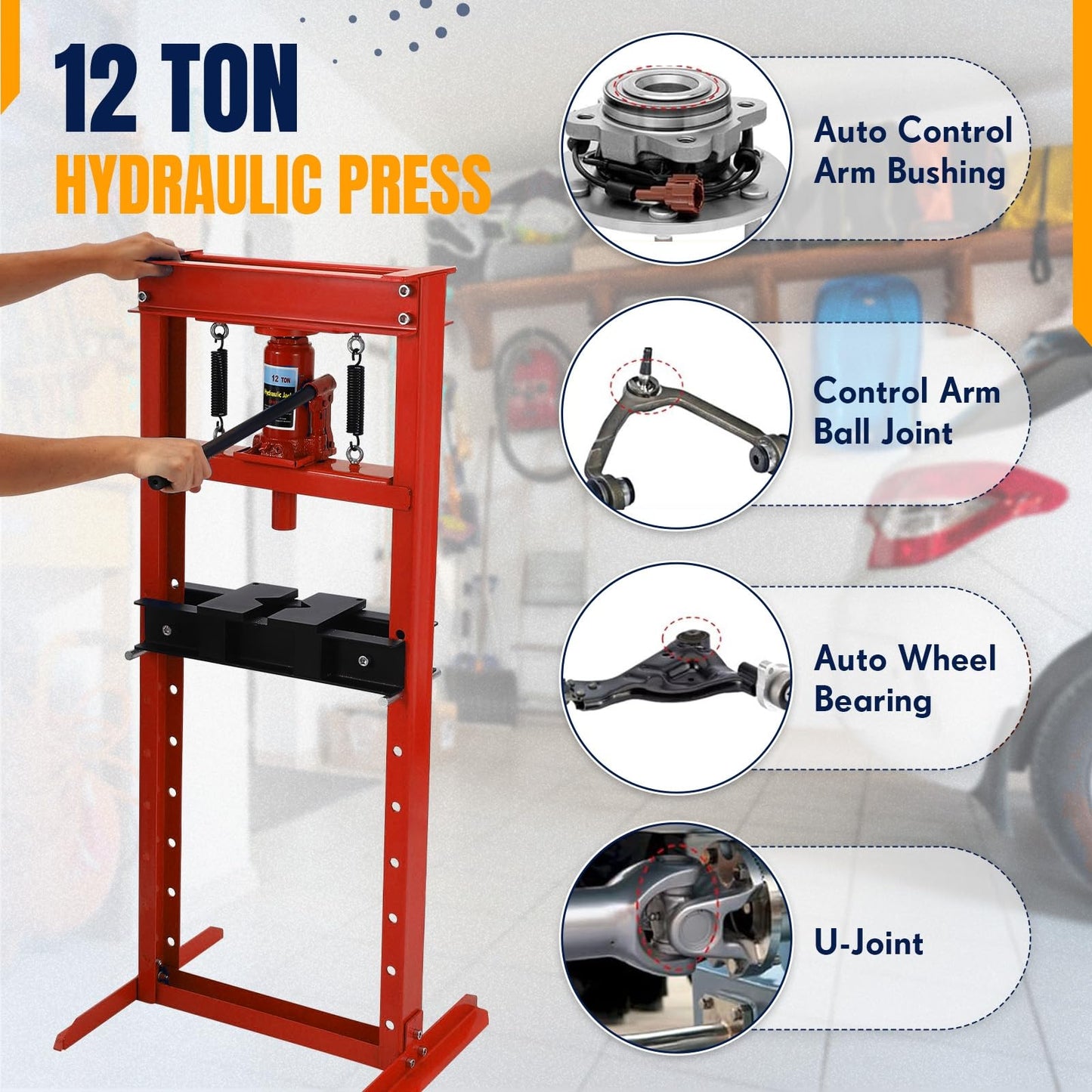 12T Hydraulic Press, 12 Ton H-Frame Garage Floor Hydraulic Shop Press, Adjustable Hydraulic Press with Plates, for Bearings & Ball Joints, Red