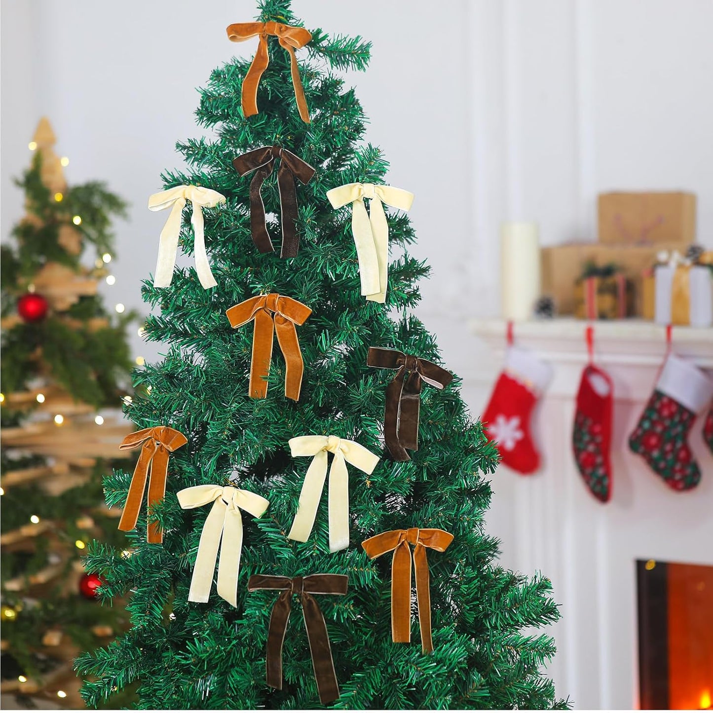 Skiennix Velvet Bows - 24 Pcs Christmas Tree Ornaments | Coquette Wedding Decor in Brown & Beige (5 x 7 Inch)