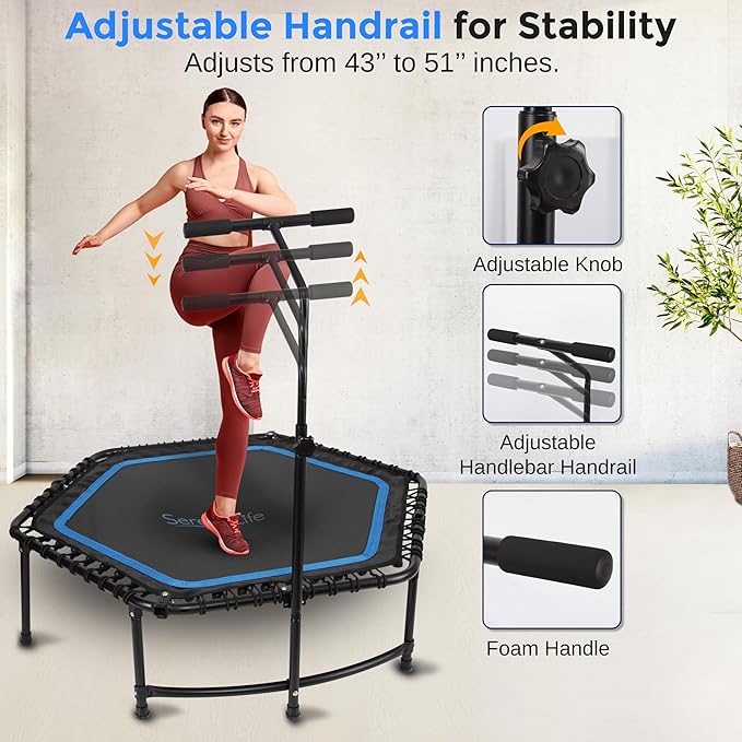 SereneLife 40"/50" Mini Trampoline for Adults - 450/550LBS Fitness Trampoline with Reinforced Springs & Adjustable Safety Handle - Stable & Quiet Supports Whole-Body Workout & Relaxation