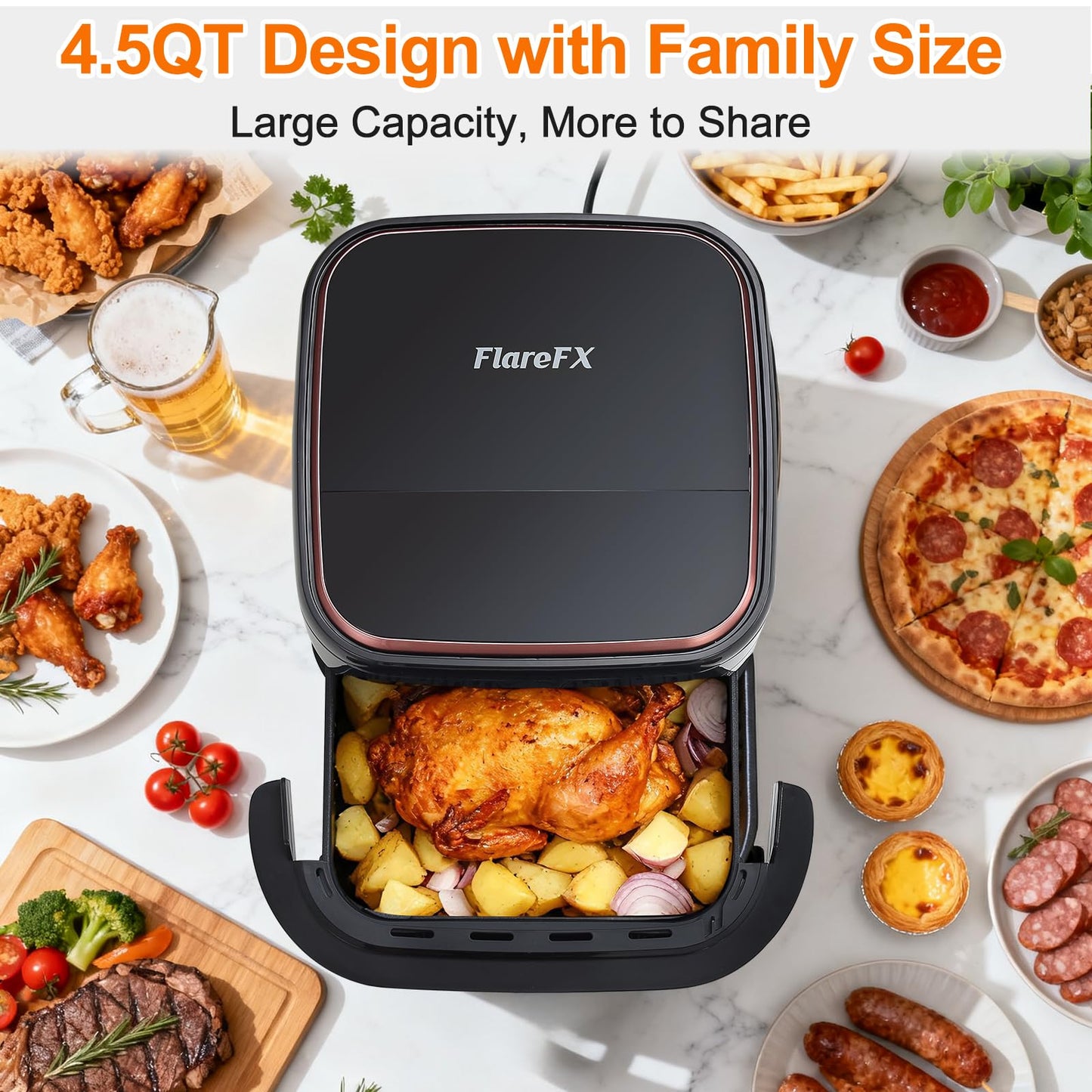 FLAREFX 4.5QT Air Fryer Pizza Oven with 11 Presets, Air Fryers with Dual Heating & 360° Airflow | Viewing Window | Touch Display, Nonstick Airfryer for Roast, Bake, Dehydrate, Microwave, Reheat & More