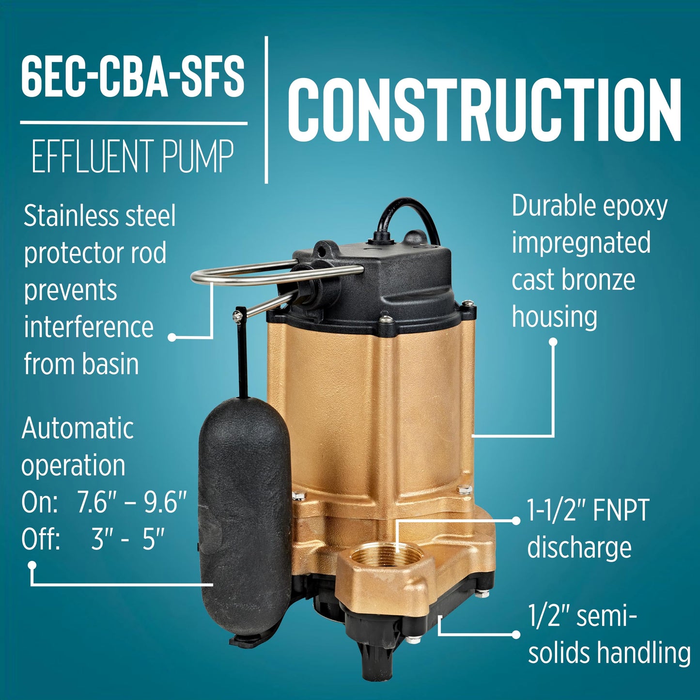 Little Giant 6EC-CBA-SFS 115 Volt, 1/3 HP, 3180 GPH, Automatic Epoxy Impregnated Cast Bronze Sump/Effluent Pump for Salty/Briny Water with Integral Snap-Action Switch, 20-Ft. Cord, Bronze, 506811