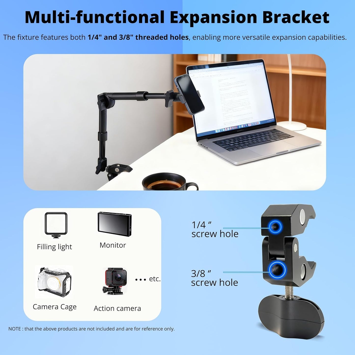 BZE 11.8-15 Inch, Stand1/4" 3/8" Universal Retractable Magic Arm Clamp Webcam & Thread with Phone Mount, Adjustable