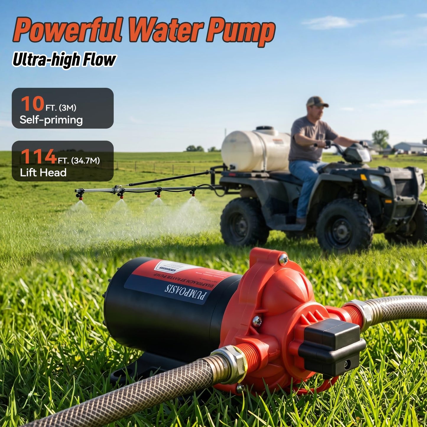 12V Sprayer Pump, 2.5gpm-8amp-60psi, Chemical and Corrosion Resistant, Compatible with Roundup, Diaphragm Pump with Pressure Switch and Self-Priming for Agricultural Spraying, Rv, Boats, Etc