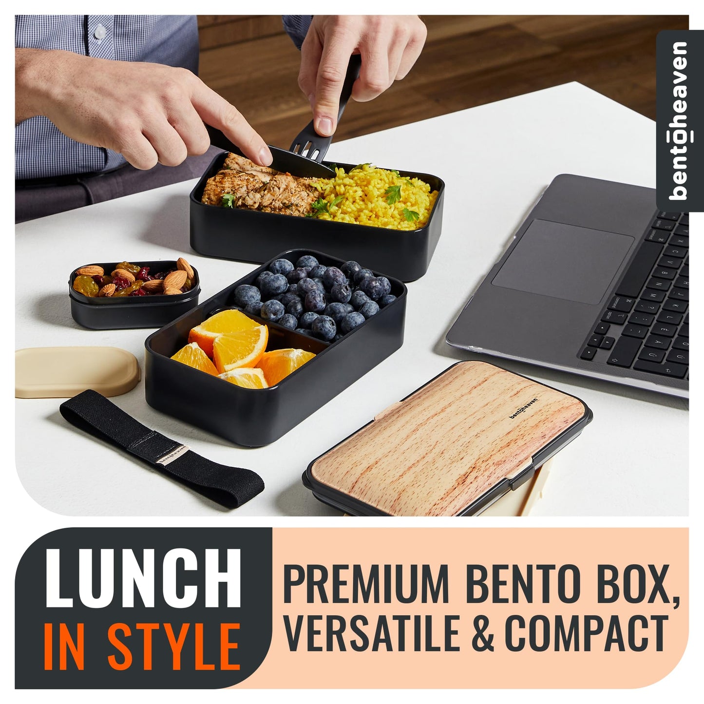 Bentoheaven Premium Bento Box Adult Lunch Box with Compartments for Women & Men, Set of Utensil & Chopsticks & Dip Container, Cute Japanese Kids Bento Lunch Box, Microwavable (Symph Onyx)