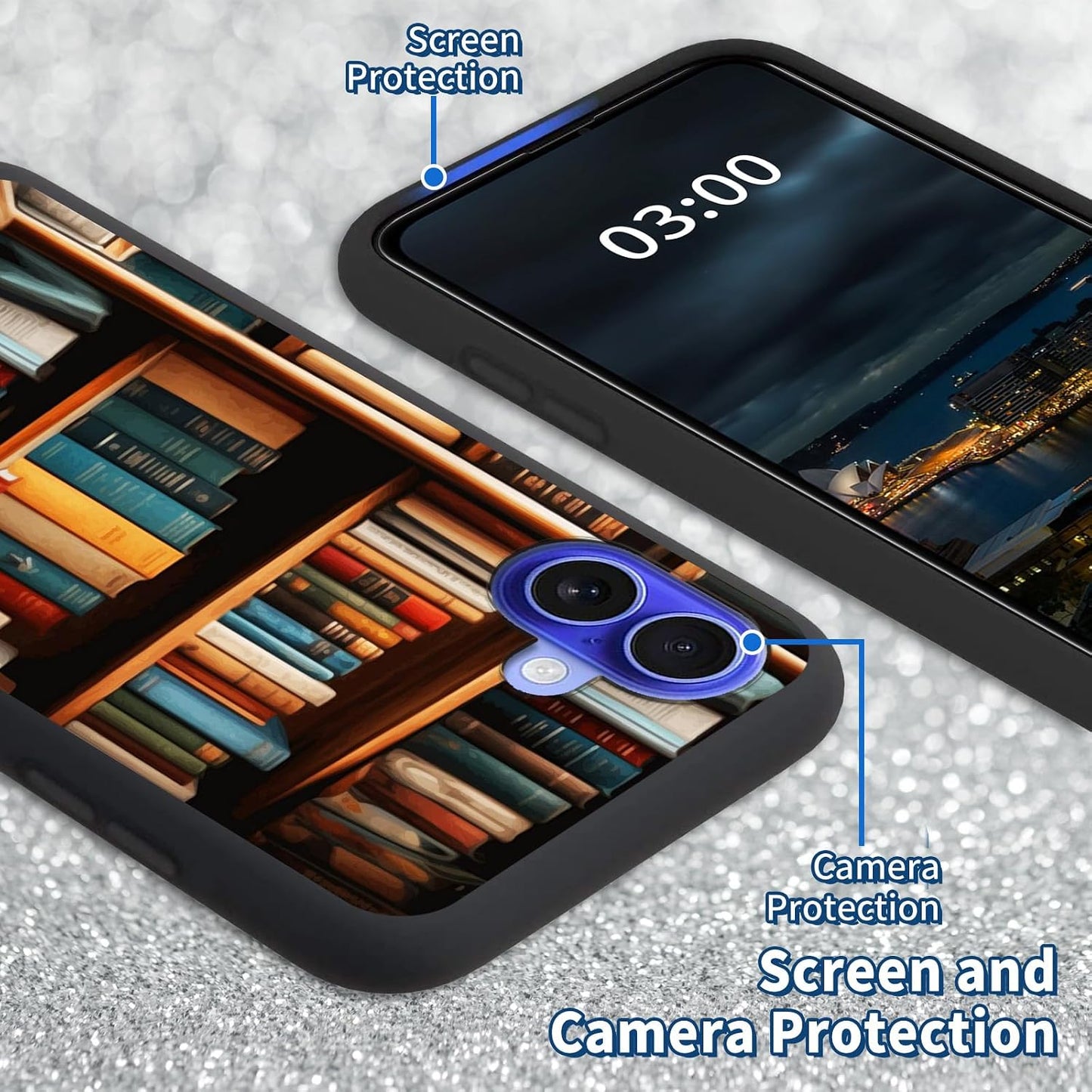 BFSEROBJ 17 2025 17 6.3 inch for iPhone Case with Bookshelf Pattern Design Ultra-Thin Black Soft TPU Silicone Shock