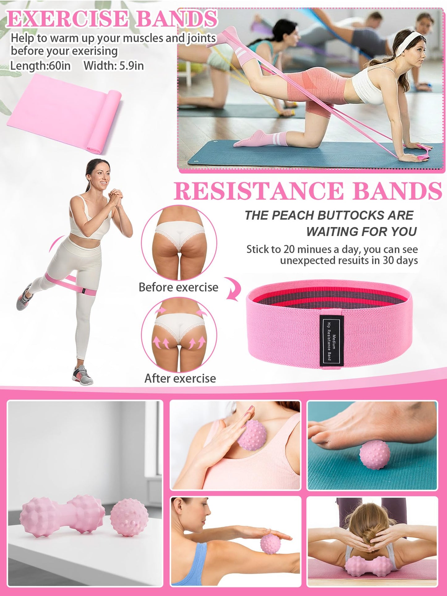 17 Pcs Yoga Essential Kit for Women, Pilates Equipment Starter Set for Beginners with Yoga Wheel Ball Blocks Strap Resistance Bands Wrist Rings Socks Towel & Carry Bag for Home Workouts(Pink)