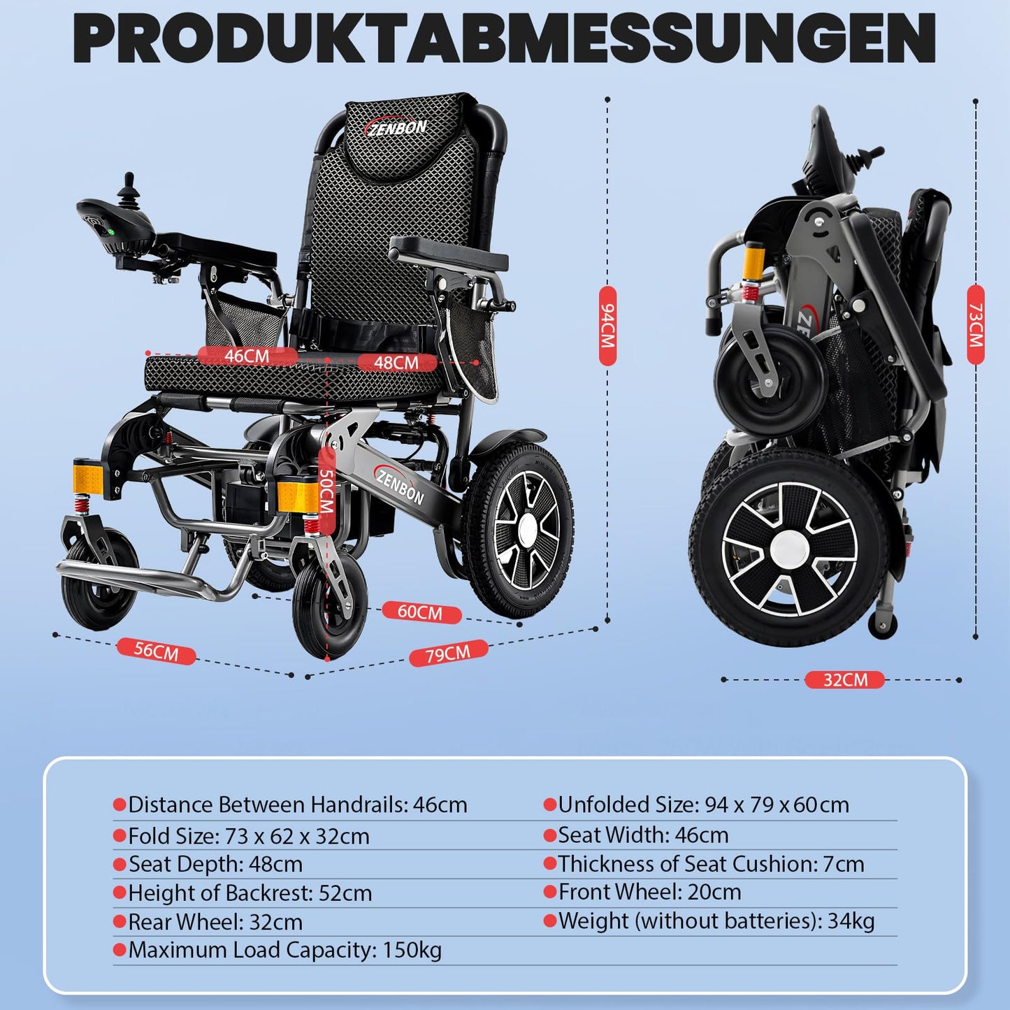Electric Wheelchair ZENBON Lightweight Extra Wide Automatic Folding Motorized Wheelchairs for Seniors/Adults Motorized Mobility Device All Terrain 700W Power Wheel Chairs with Baskets 330Lbs