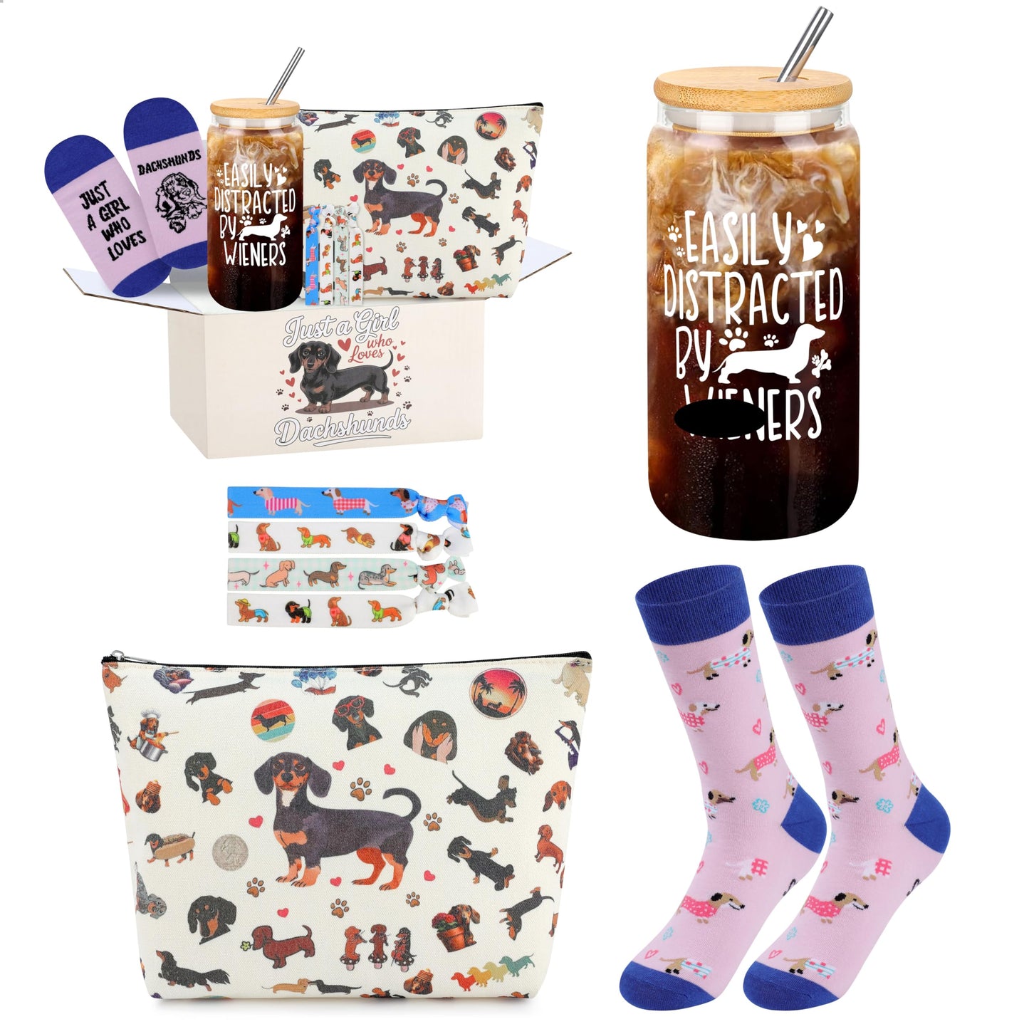 Dachshund Gifts for Women Dachshund Dog Lover Unique Gift Basket with Glass Cup Makeup Bag Headbands Novelty Socks for Dog Mom Funny Bag Birthday Gifts for New Puppy Owners