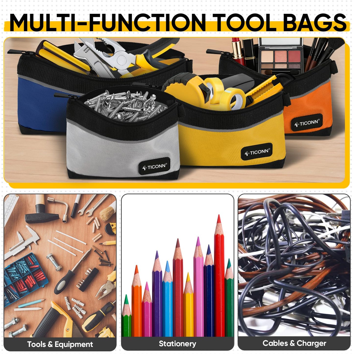 TICONN Tool Pouches with Zipper, 1680D Oxford Small Tool Bags, Waterproof Utility Bag Zipper Pouch for Tool Organizers and Storage (6 Pack Combo)