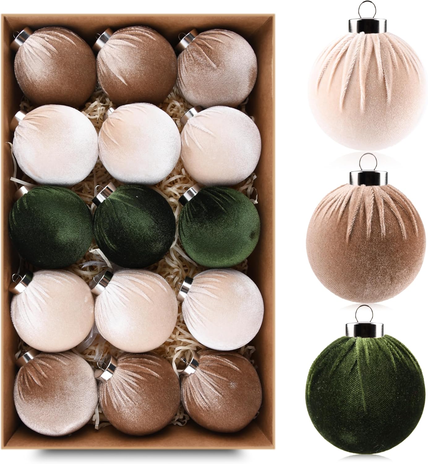Velvet Christmas Tree Ornaments by [Brand Name] - Shatterproof 15-Piece Set in Multicolor Green, Brown, and Neutral | 80mm (3.15 Inch)