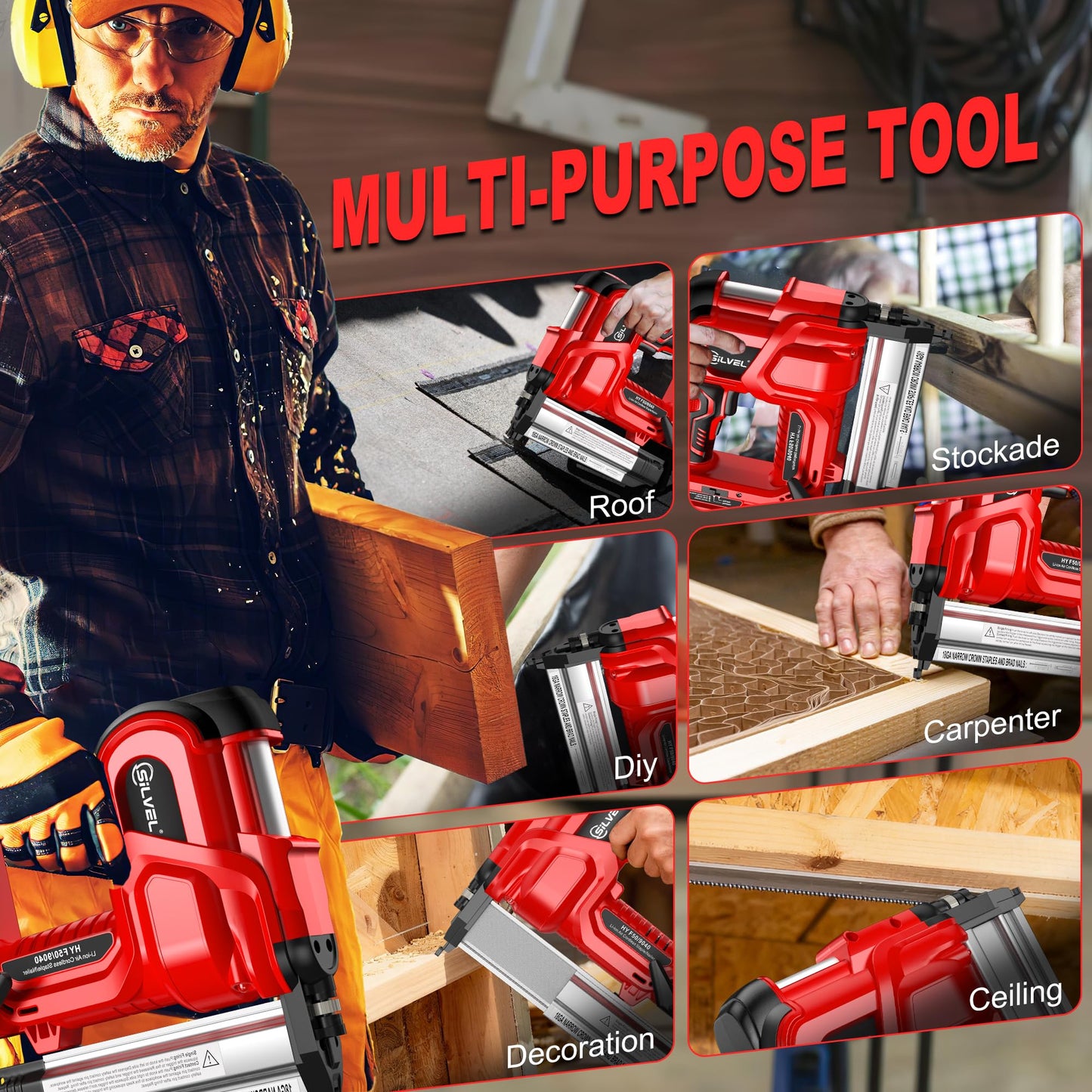 SILVEL 2" Cordless Brad Nailer, 2-in-1 21V Electric Brad Nailer with 2 * 2.0Ah Battery, 1000pcs Nails, 18GA Staples, Adjustable Depth for Woodworking, Home Improvement, Red