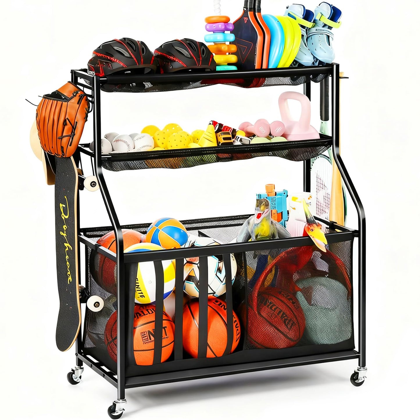 Kinghouse Garage Sports Equipment Organizer, Sports Rack with Hooks, with 37 Gal Ball Storage Bin, Elastic Straps Storage for Basketball, Soccer, Tennis, Stick, Racket, Nerf Gun, Toy, Indoor, Outdoor