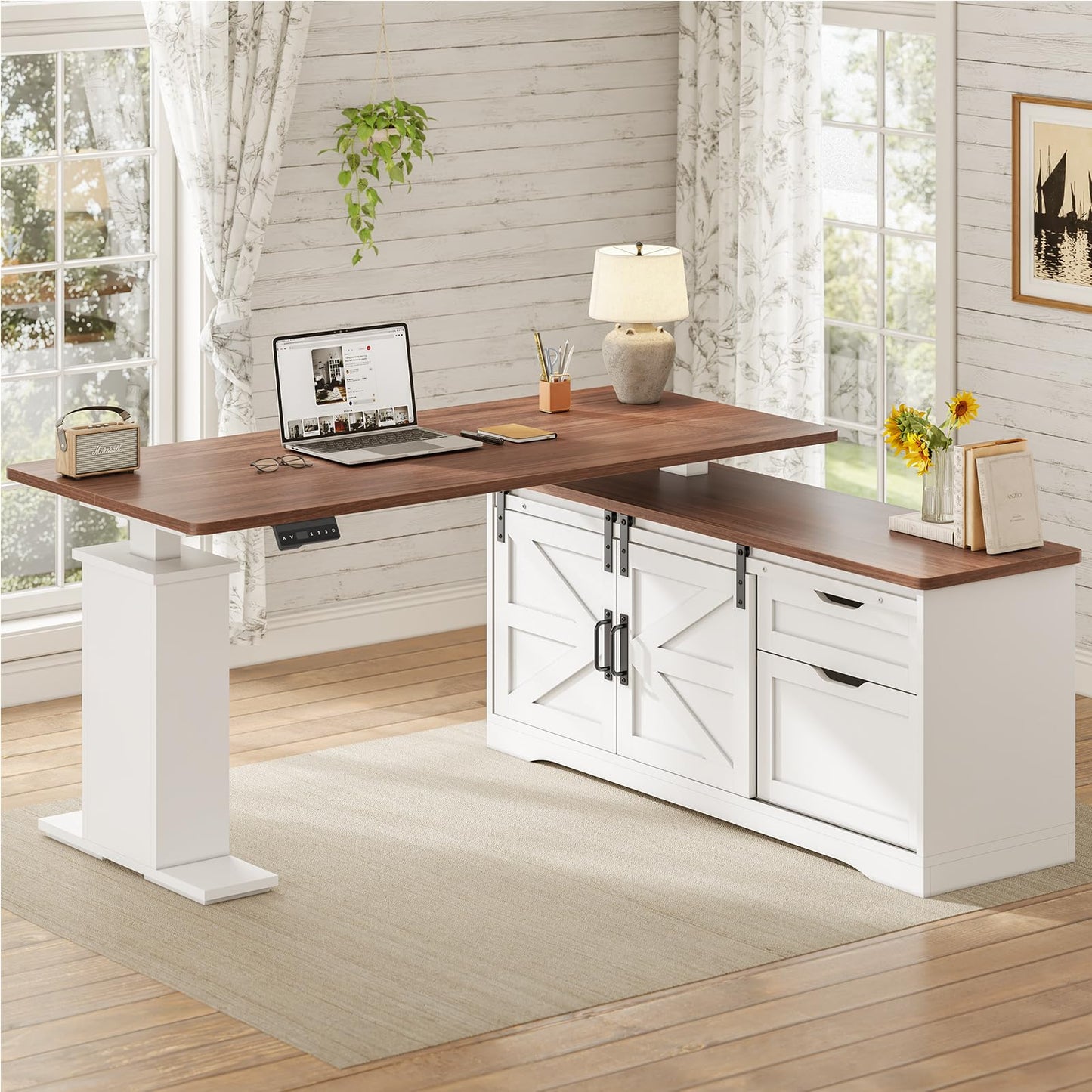 SEDETA Farmhouse L Shaped Standing Desk, 55 inch Height Adjustable Corner Desk with Storage Drawers, Standing Computer Desks with Power Outlets for Home Office, White