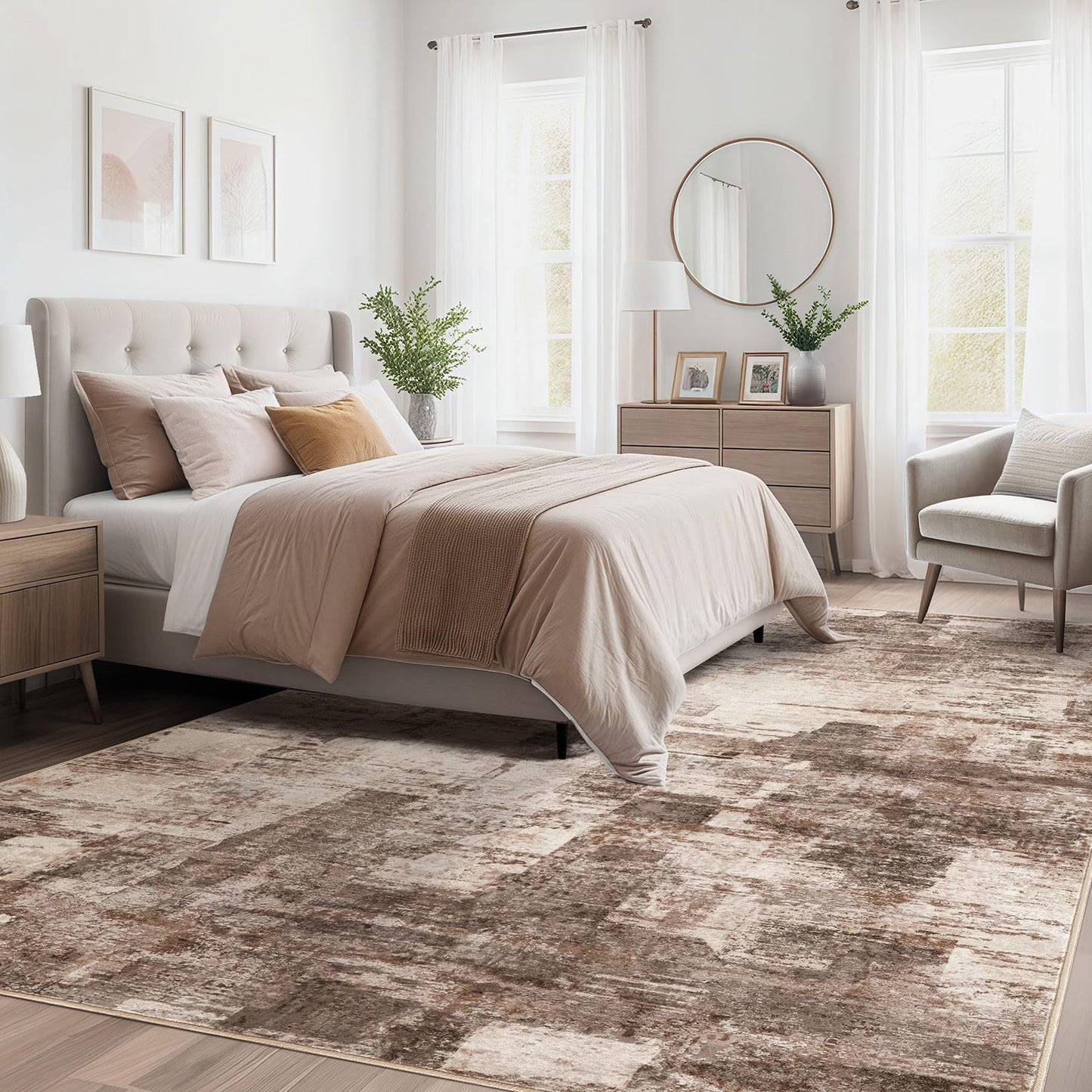 kakania 5x7 Washable Area Rug - Abstract Soft Non-Slip Modern Low-Pile Carpet for Living Room Bedroom Office Dorm, Kid Pet Safe Robot Vacuum Friendly - Brown