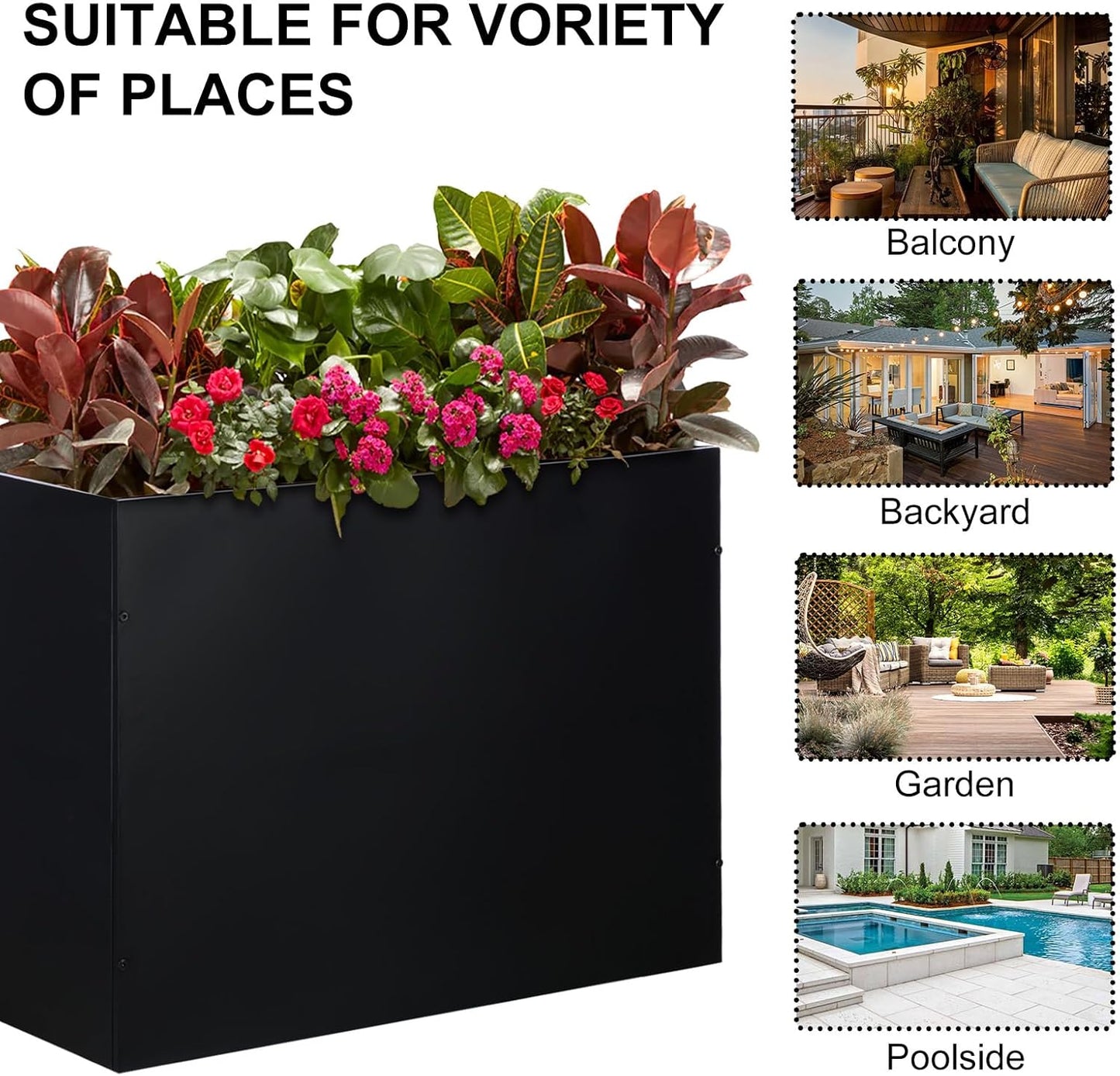 SUNNYPARK Large Metal Planter Box - 32”x 12”x 24” | Heavy-Duty Rectangular Black Planter with Drainage Holes for Outdoor Use