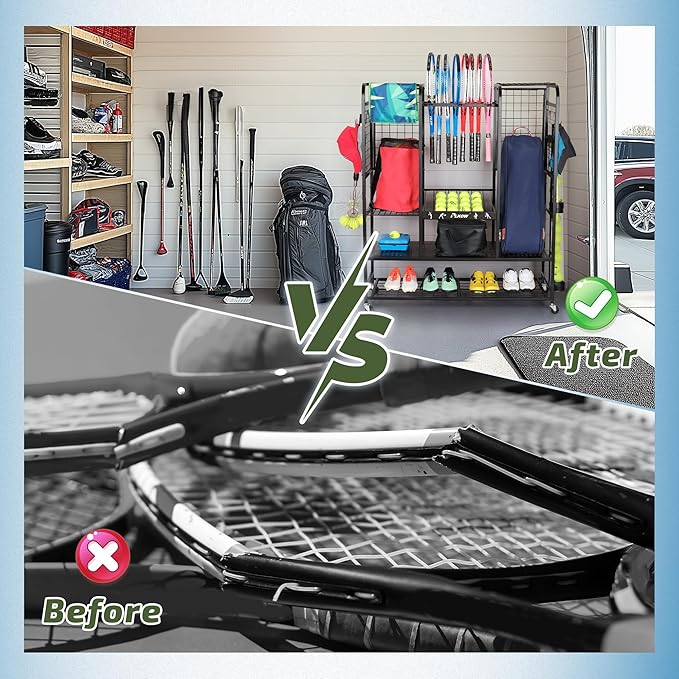 PLKOW Tennis Bag Organizer Tennis Racket Storage Rack, Tennis Equipment Holder for Bags, Balls, Racquet & Accessories, Versatile Gear Organizer for Garage, Club, or School