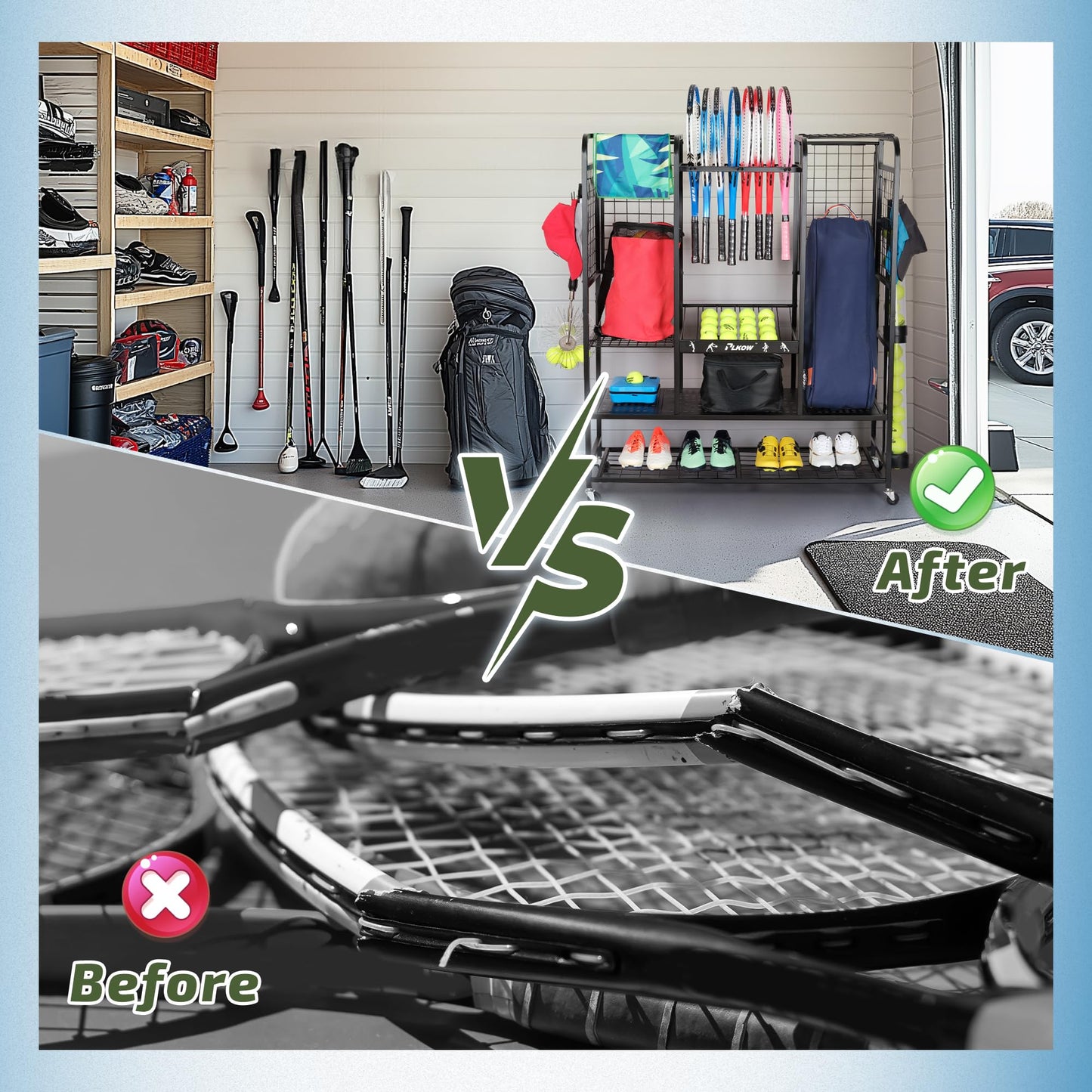 PLKOW Tennis Bag Organizer Tennis Racket Storage Rack, Extra Large Tennis Equipment Holder for Bags, Balls, Racquet & Accessories, Heavy-Duty Gear Organizer for Garage, Club, or School