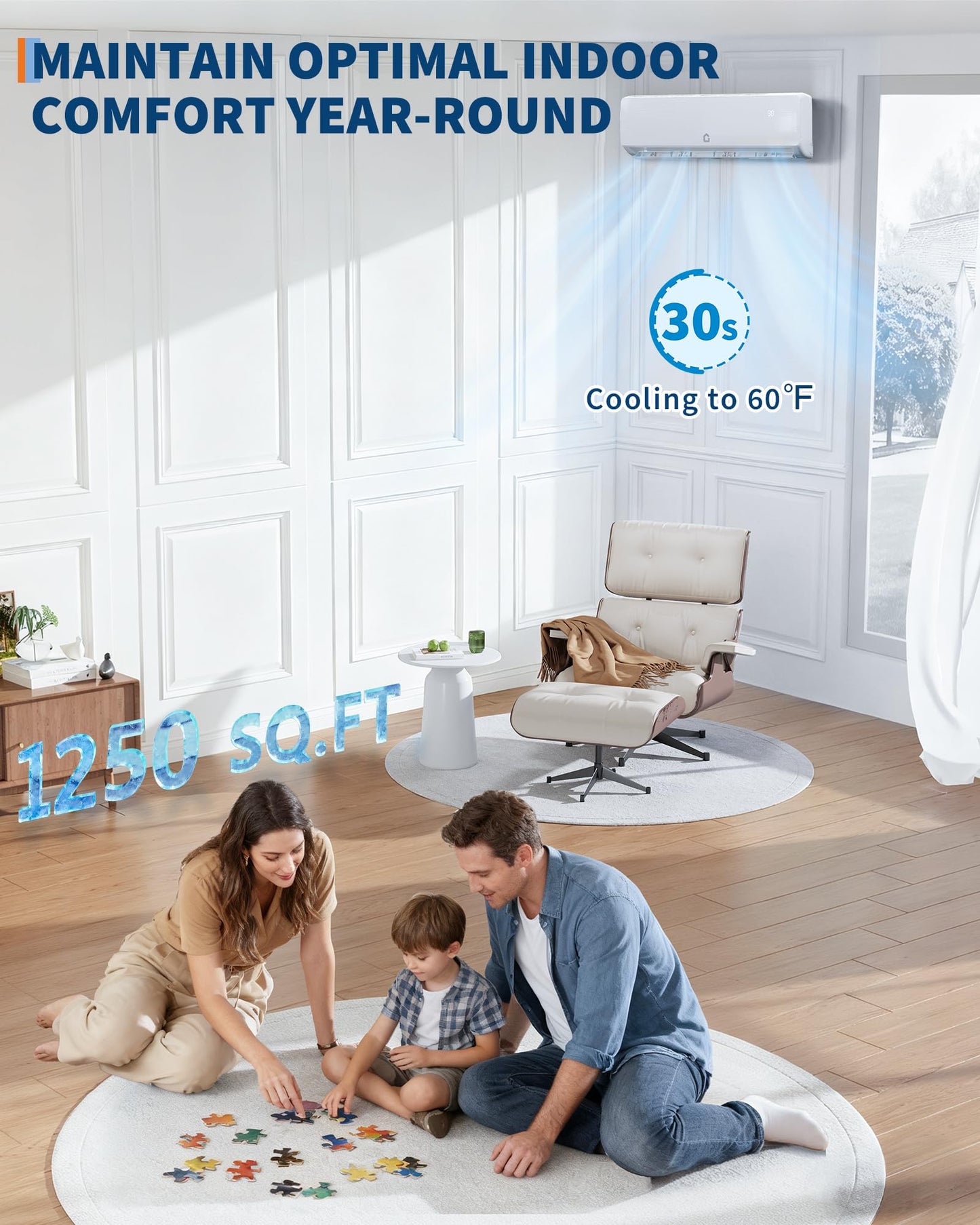 GarveeTech 18000 BTU Mini Split Air Conditioner - 19 SEER2 Ductless Inverter AC with 208-230V, Cools Up to 1250 Sq. Ft, Built-in Heat Pump System, White