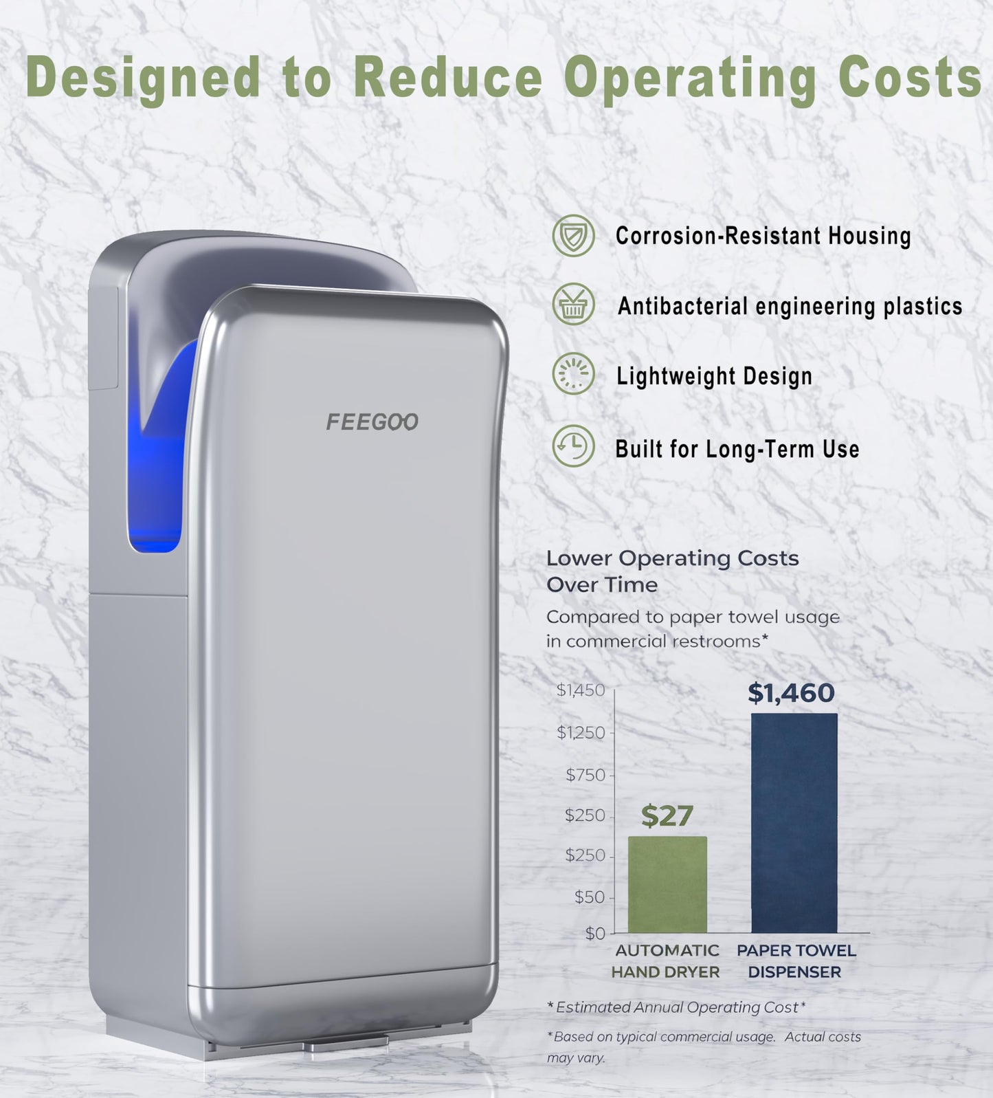 FEEGOO Commercial Vertical Hand Dryer – High-Speed Drying with HEPA Filtration & Stable Operation for Offices, Restrooms & High-Traffic Facilities,Silver
