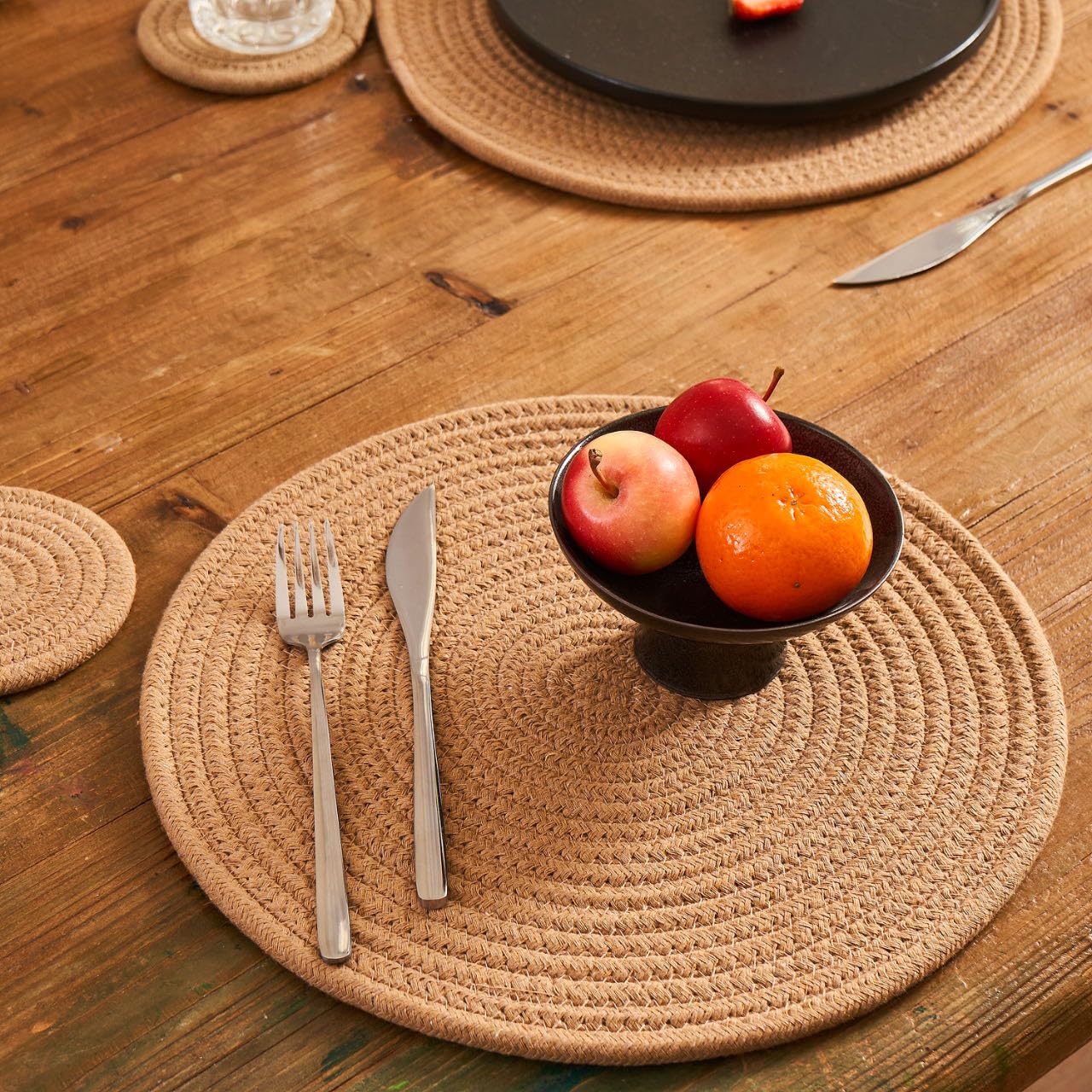 Art PineCone's Woven Cotton Rope Round Placemats Set of 4 with Holder Included, Non-Slip, and Heat Resistant Shabby Chic Placemats (Caramel, 13 inch Plus Coaster)