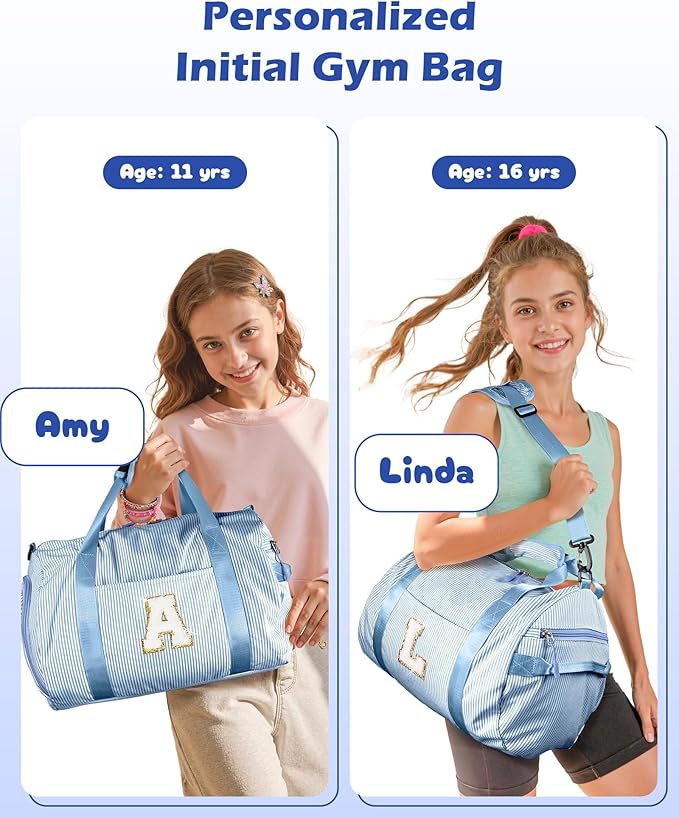 Cute Preppy Gifts for Girls, Girl Gym Bag, Kids Initial Overnight Duffel Bags with Shoe Compartment, Personalized Travel Bag with Makeup Pouch, Chenille Birthday Gift for Teen (Letter D)