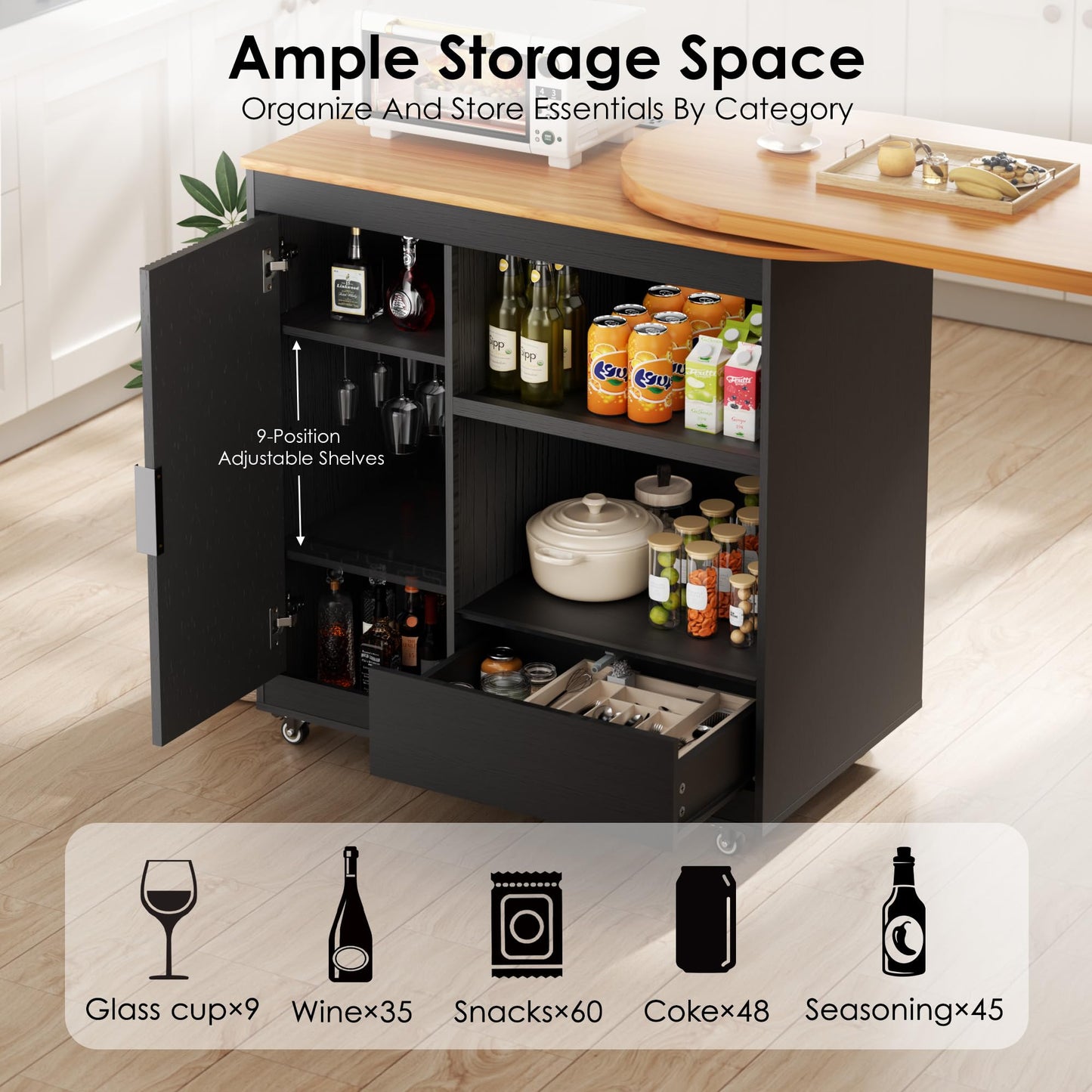 66'' Rolling Kitchen Island with 360° Swivel Tabletop Mobile Kitchen Island with Power Outlet Rotating Kitchen Islands with Storage Cabinets Wood Kitchen Island Table for Kitchen, Bar, Dining Room