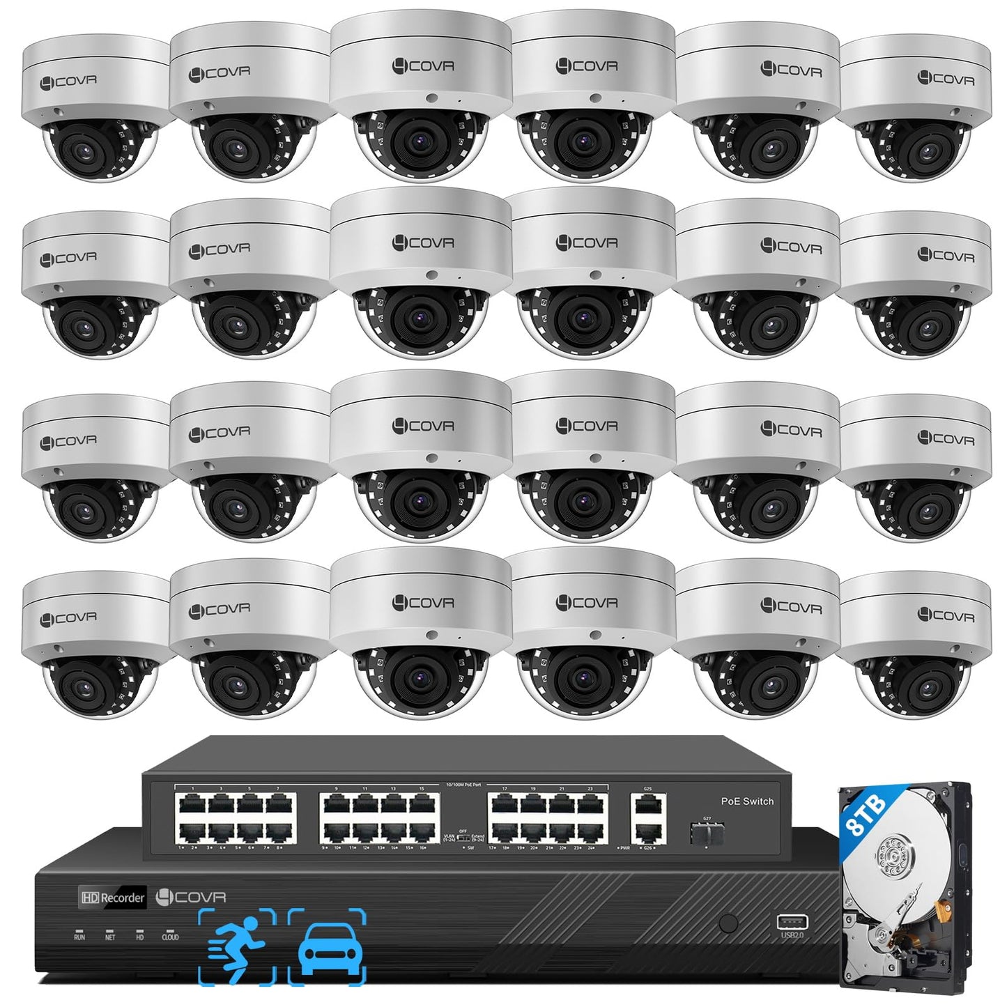 4COVR 12MP PoE Security Camera System, 32 Channel NVR & 8TB HDD, 24X 12MP IK10 Vandal-Proof Dome IP Cameras IP67 with Mic, AI Humen Vehicle Detection, Commercial Surveillance Outdoor, LY54AXAM3224-1
