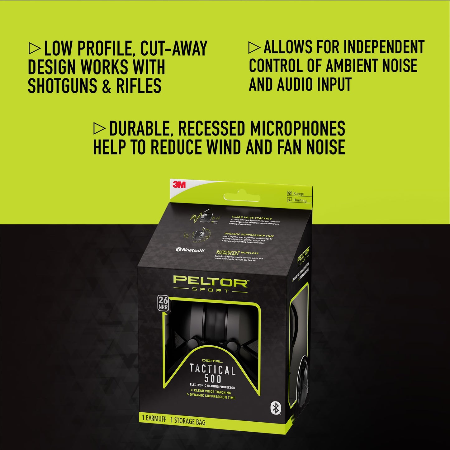 Peltor Sport Tactical 500 Bluetooth Hearing Protection Ear Muffs, 25 dB Noise Reduction Rating, Electronic Hearing Protection Headphones for Shooting, Hunting, Mowing, Construction, Concerts, & More