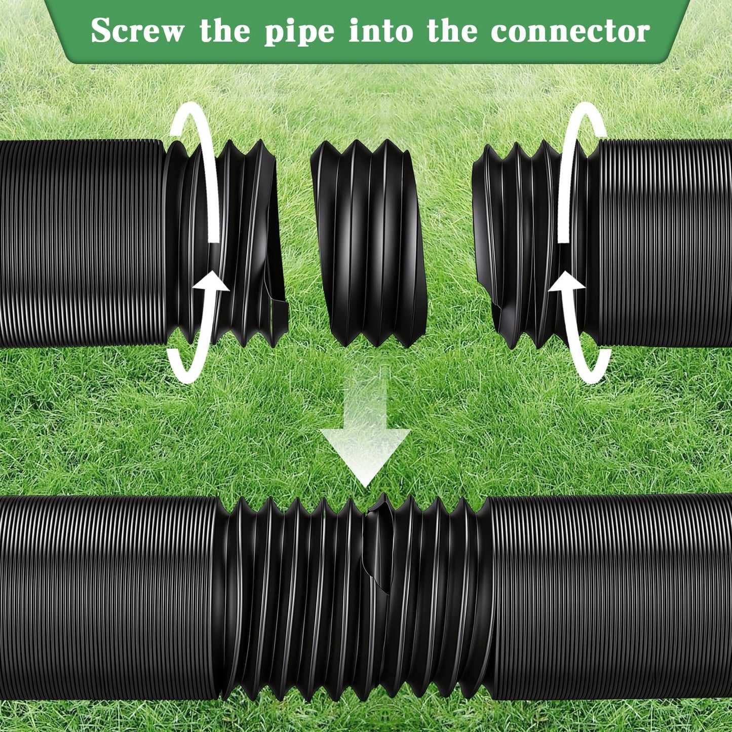 Joyfolk 4"×65ft Spliceable Extra Expandable Landscaping Drain Pipe, 4 Flexible Corrugated Downspout Drain Pipes with 3 Connectors Black for Outdoor Gutter Extension, Pond Pump, Rainwater Drainage