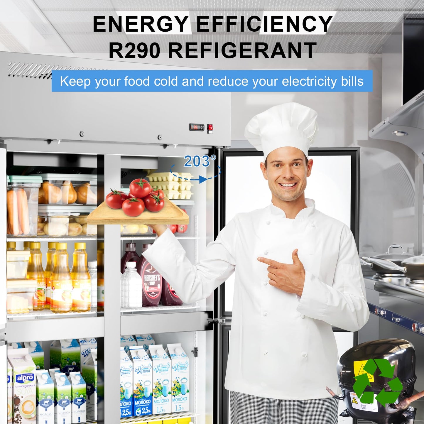 Ferueo Commercial Refrigerator 48" W 4 Door Stainless Steel Reach-in Solid Door Upright Fridge Fan Cooling 36 Cu.ft Refrigerators 32-47°F for Restaurant, Bar, Shop