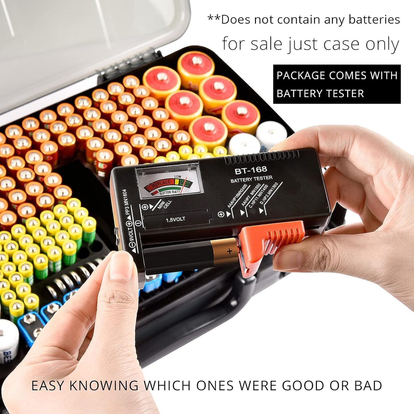 269 4A 9V 3V LR44 CR2 CR123 CR1632 18650 Battery Organizer Storage Case with Tester, Holds Batteries Double Sided Box