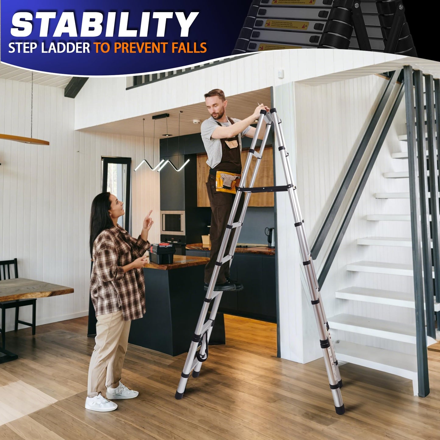 8.53 FT A-Frame Aluminium Telescoping Ladder,9+9 Step Ladder,330LB Load Capacity,Portable Telescopic Folding Extension Ladder Heavy Duty Collapsible (2.6m+2.6m/8.53FT+8.53FT A Frame)