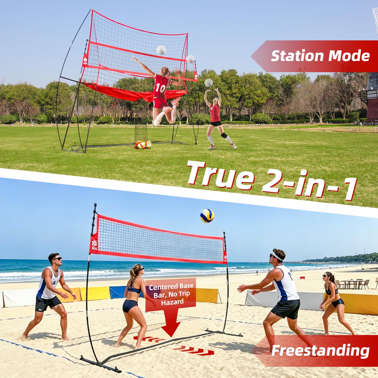 JOLORLY 2-in-1 Volleyball Practice Net Station with Patented 5-Height (6'6'' to 8'), Heavy Duty Training System for Hitting Spiking Serving, Backyard Indoor Outdoor Trainer Equipment (12x11 ft Red)