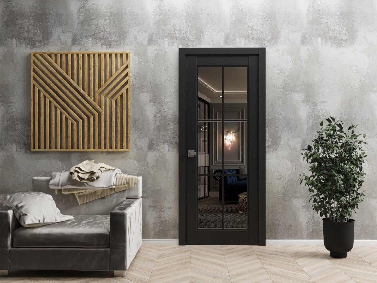 Solid French Pre-Hung Door 30 x 80 inches | Lucia 2366 Matte Black Clear Glass | Single Regular Panel Frame Trims Handle | Bathroom Bedroom Sturdy Doors
