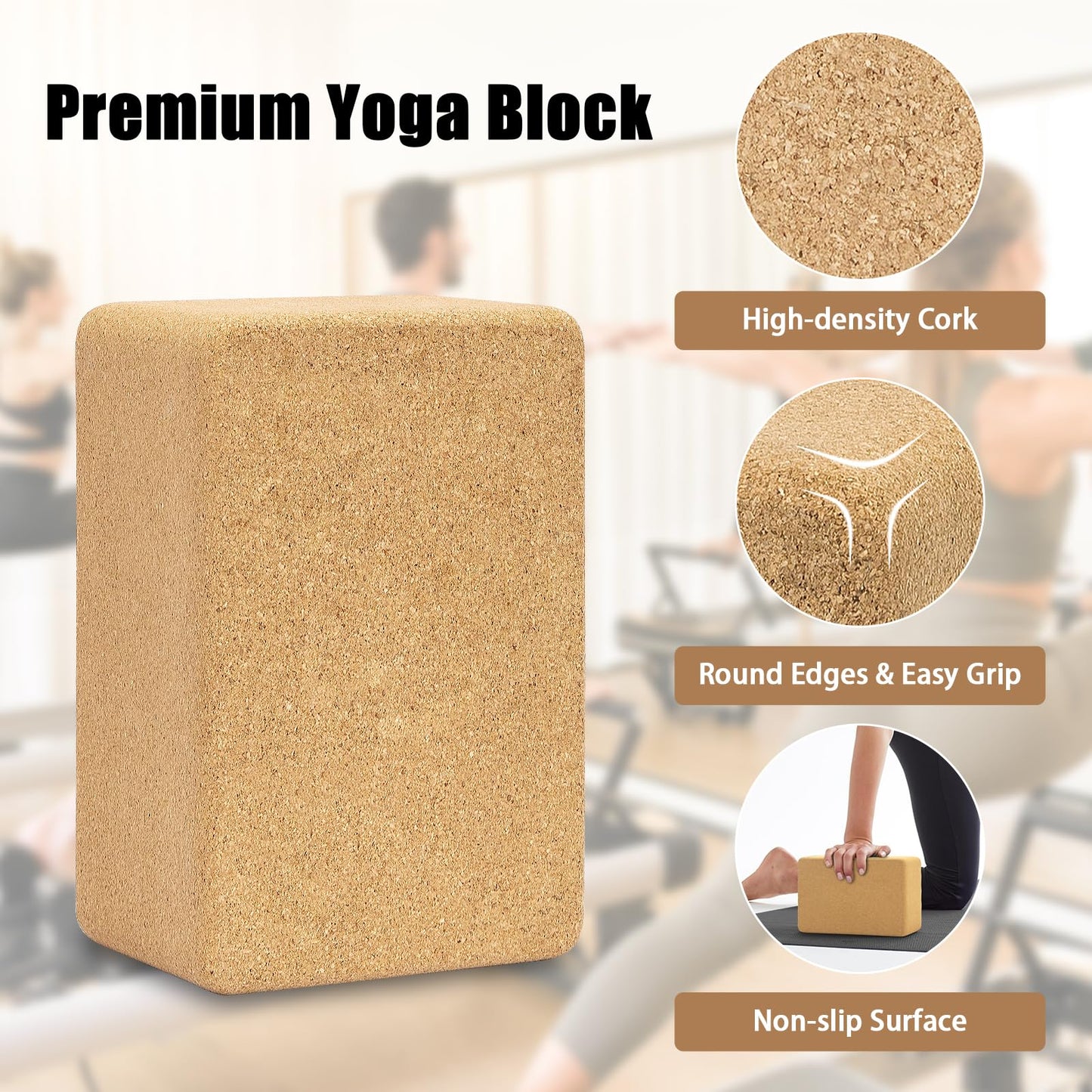 Hatha Yoga Cork Yoga Block, Natural Cork from Portuguese, Premium Brick 9"x6"x4", Eco-Friendly Yoga Accessories for Yoga, Pilates & Stretching