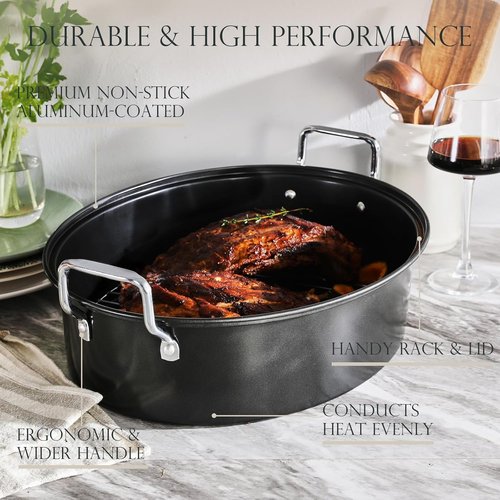 KITESSENSU Extra Large Roasting Pan with Lid - Nonstick Turkey Roaster with Rack | 18.5 x 14.5 In, Heavy Duty, Dishwasher Safe, Grey