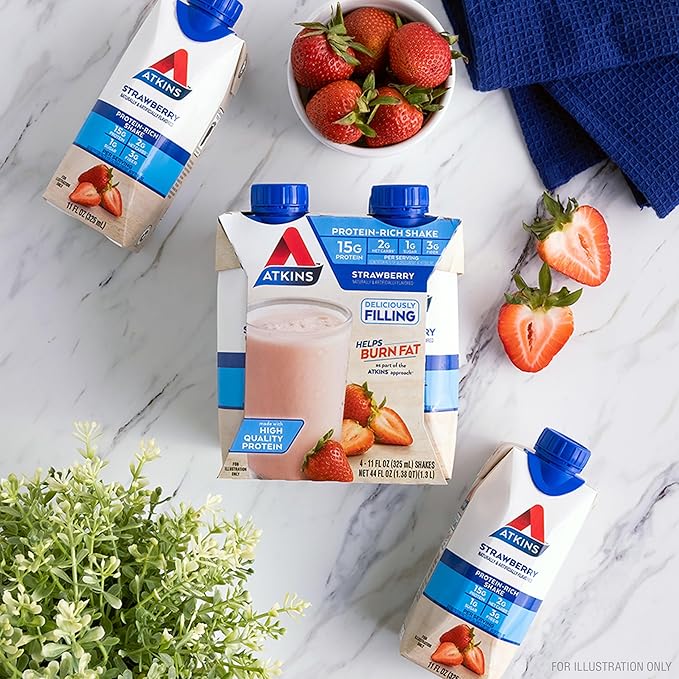 Atkins Strawberry Flavored Protein Shake, High Protein, Low Glycemic, Low Sugar and Low Carb, Keto Friendly, Gluten Free, 12 Count