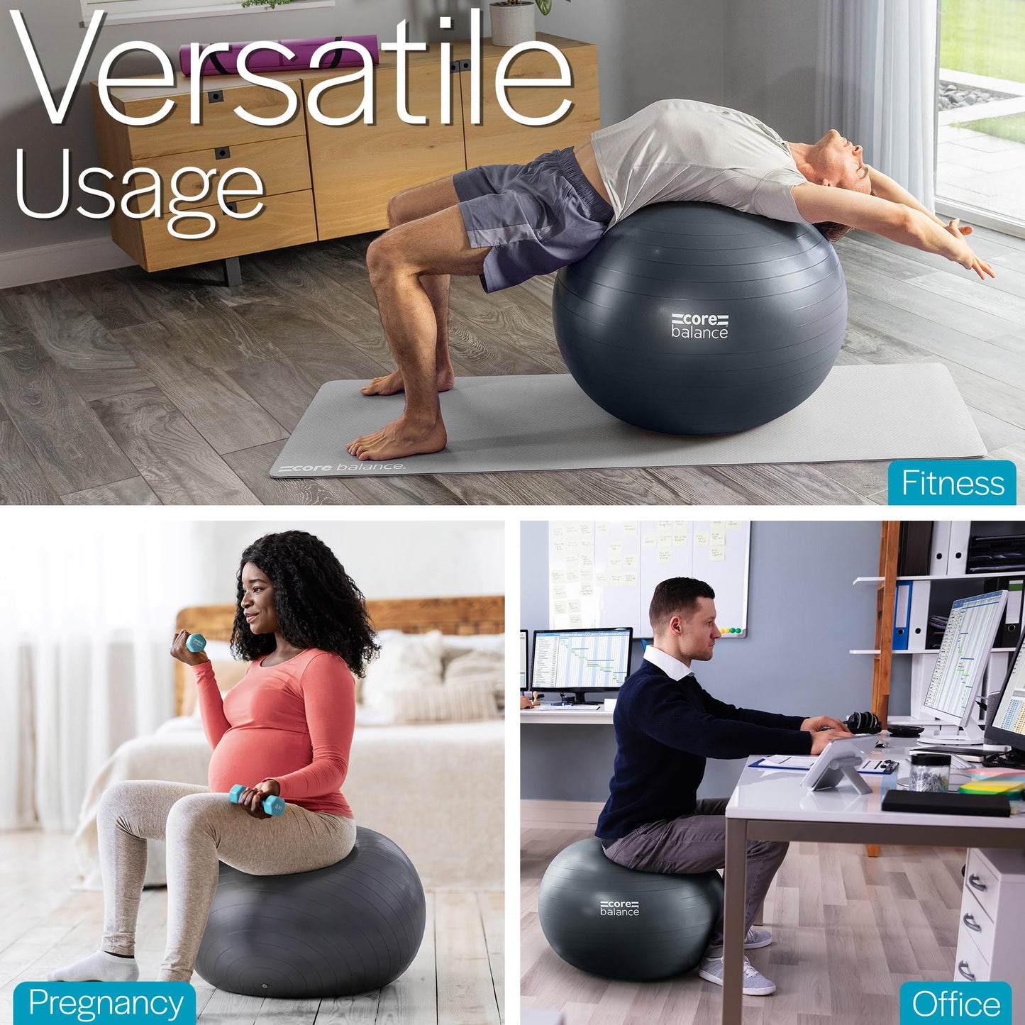 Core Balance Exercise Ball for Workouts, Anti-Burst and Slip Resistant, Swiss Yoga Ball for Pregnancy, Stability, Fitness and Physical Therapy, 4 Sizes, with Pump (33" / 85cm Black)